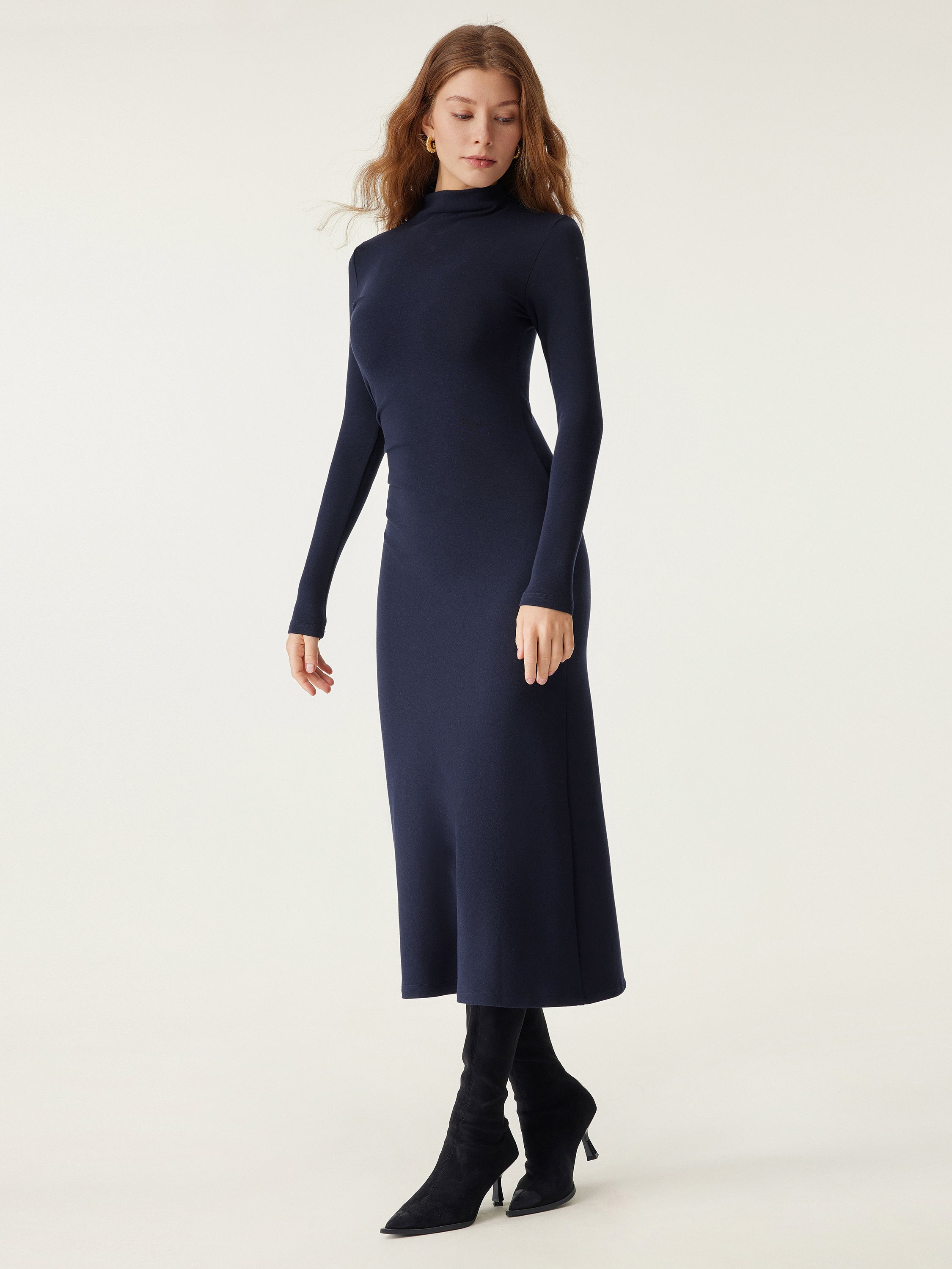 ProWarm Long Sleeves Mockneck Tucks Midi Dress Midnight Navy – Women > Dresses > Midi Dresses | FormaLuxe