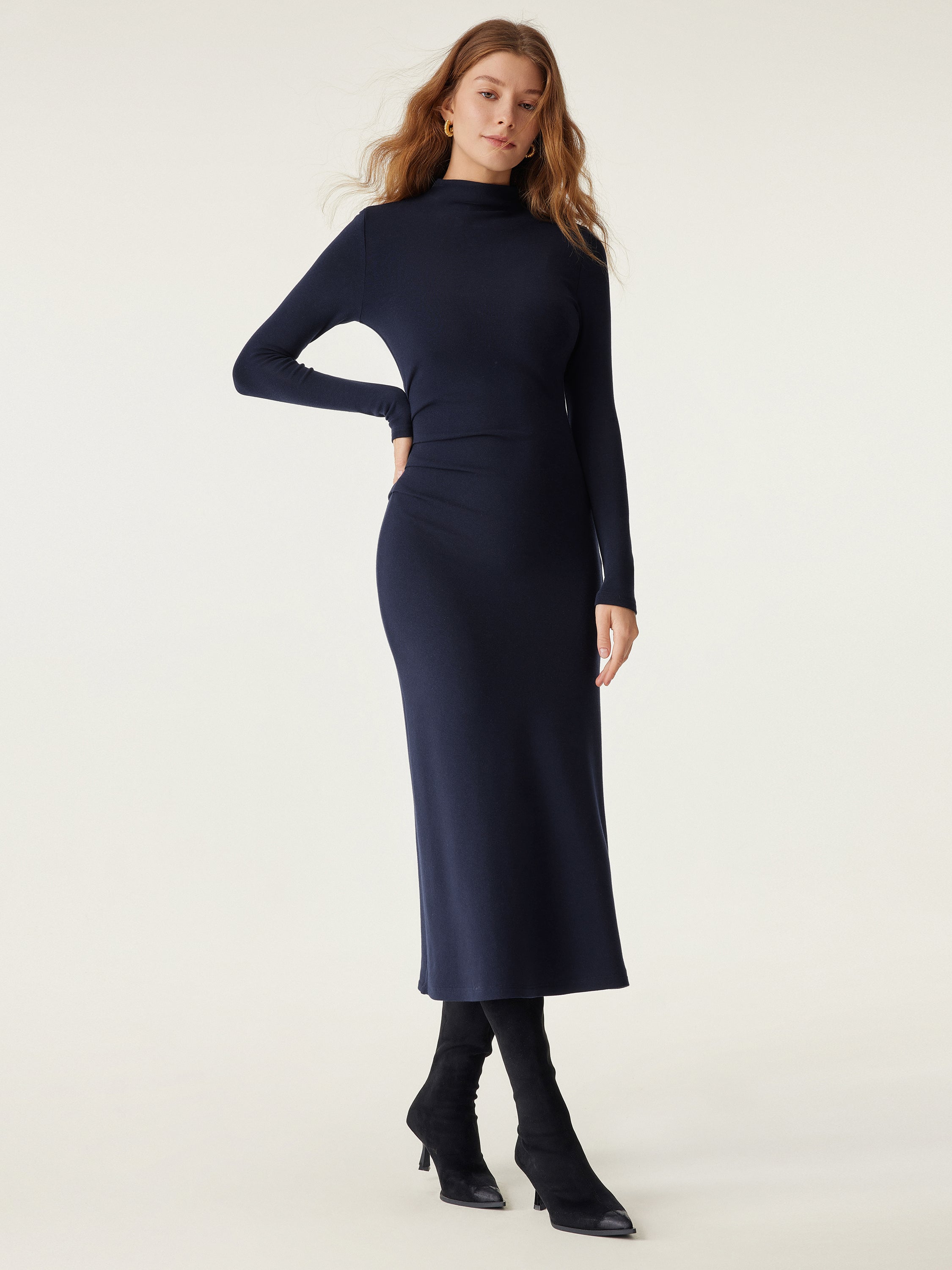 ProWarm Long Sleeves Mockneck Tucks Midi Dress Midnight Navy – Women > Dresses > Midi Dresses | FormaLuxe