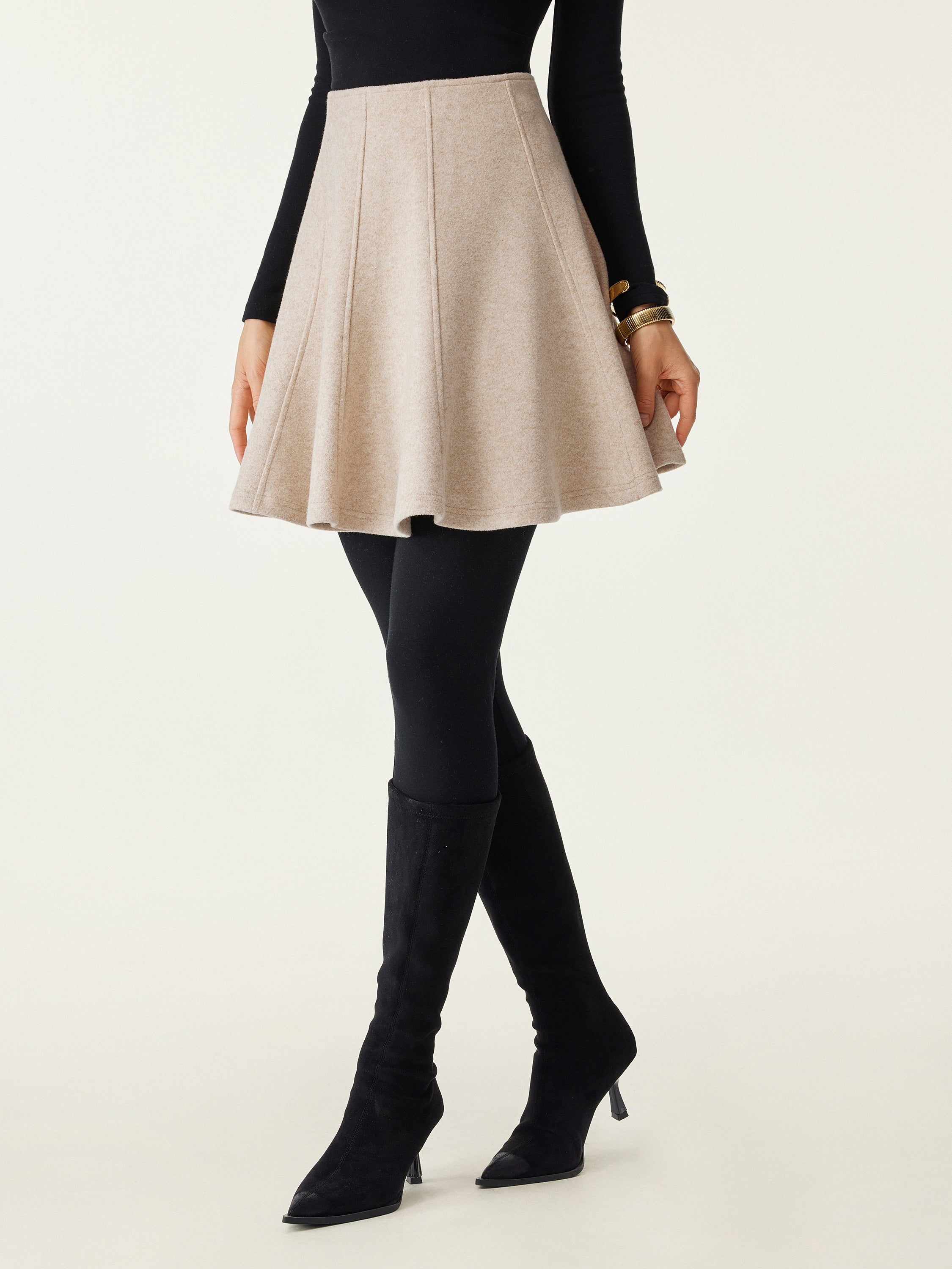 High Waisted Flare Hem Mini Skirt Heather Oatmeal – Women > Bottoms > Skirts | FormaLuxe