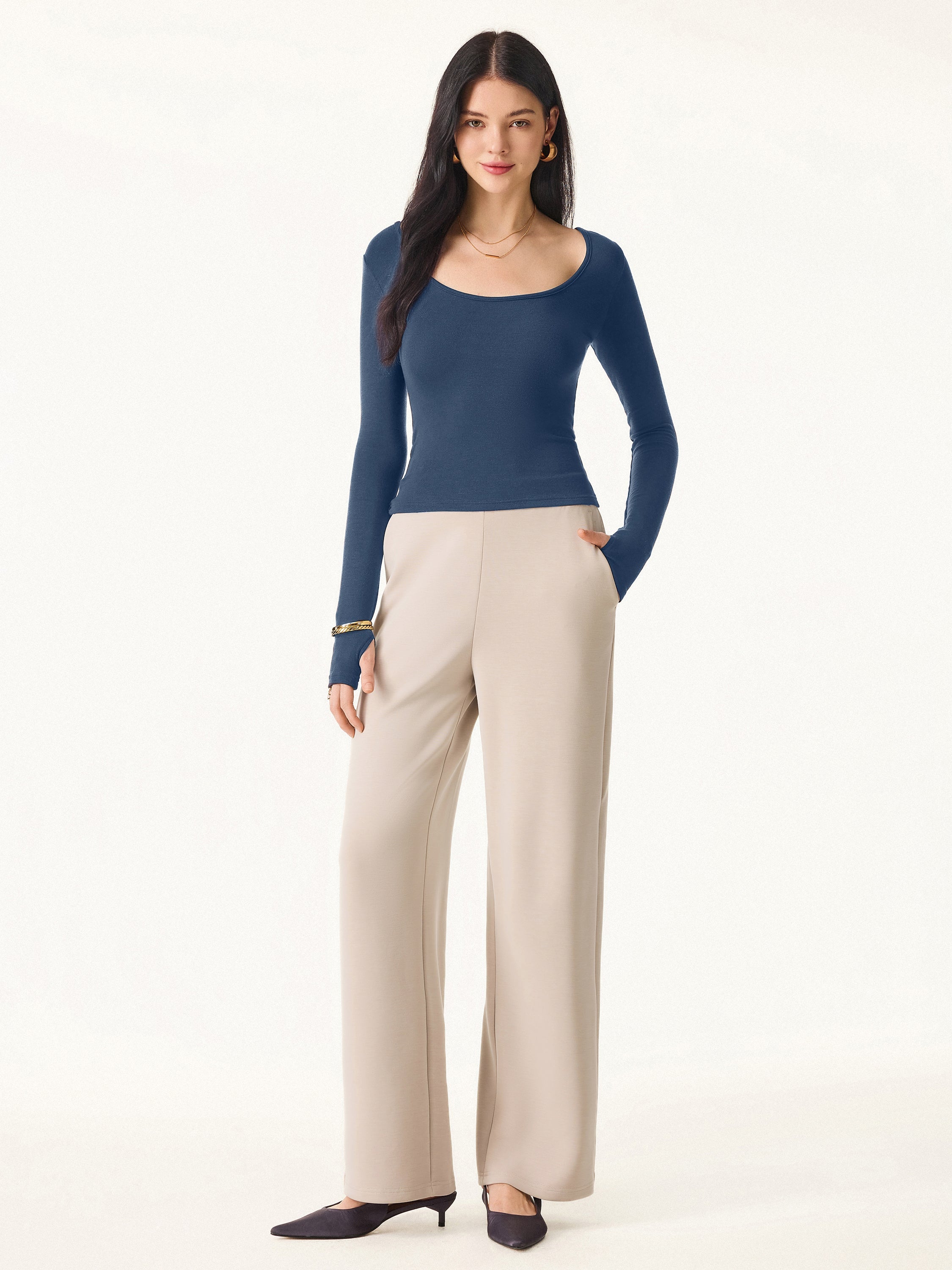 Essential Lyocell Cashmere Multi-Wear Long Sleeve Top with Thumbholes Black – Women > Tops > Shirts&Tops | FormaLuxe