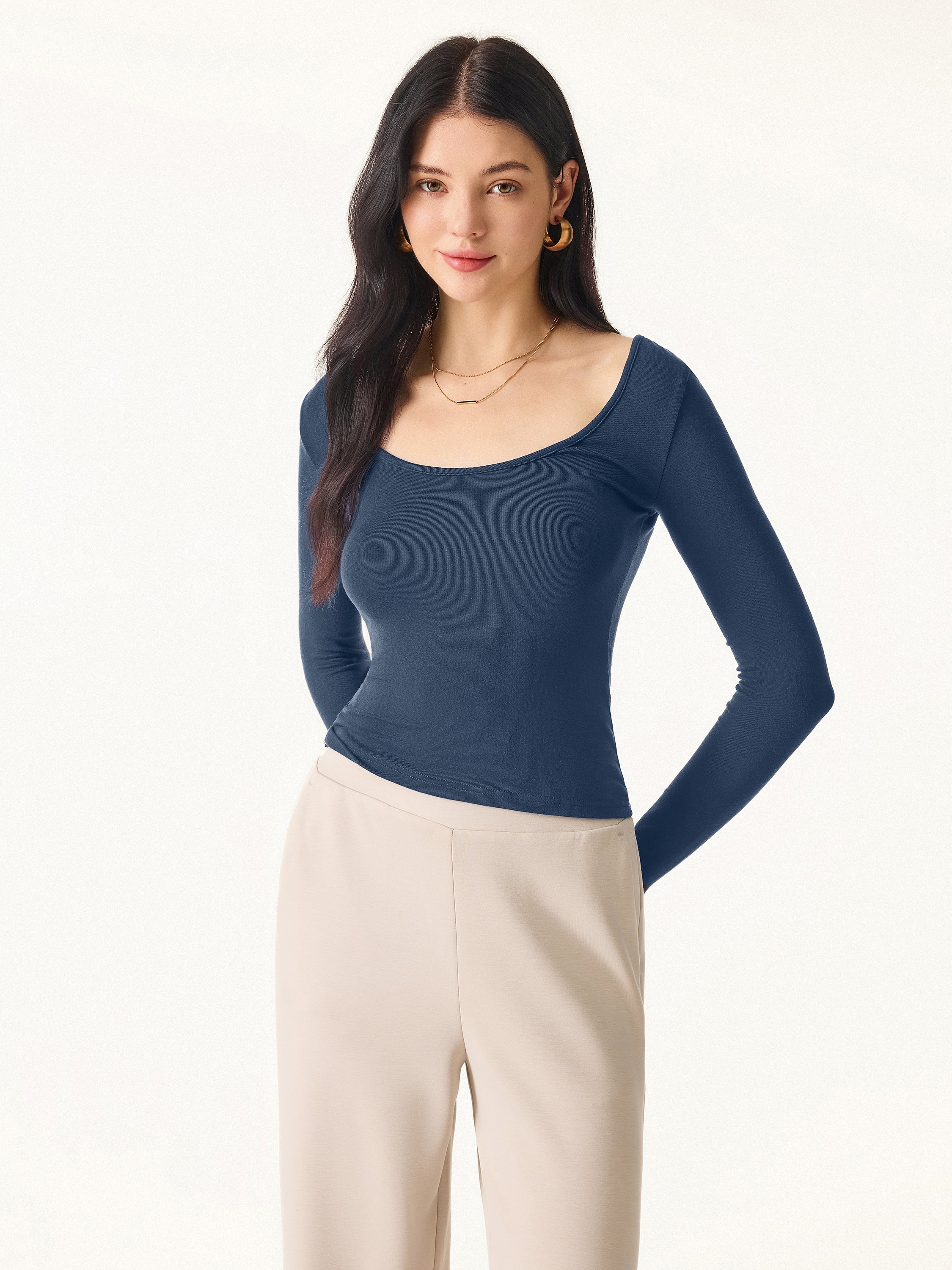 Essential Lyocell Cashmere Multi-Wear Long Sleeve Top with Thumbholes Black – Women > Tops > Shirts&Tops | FormaLuxe