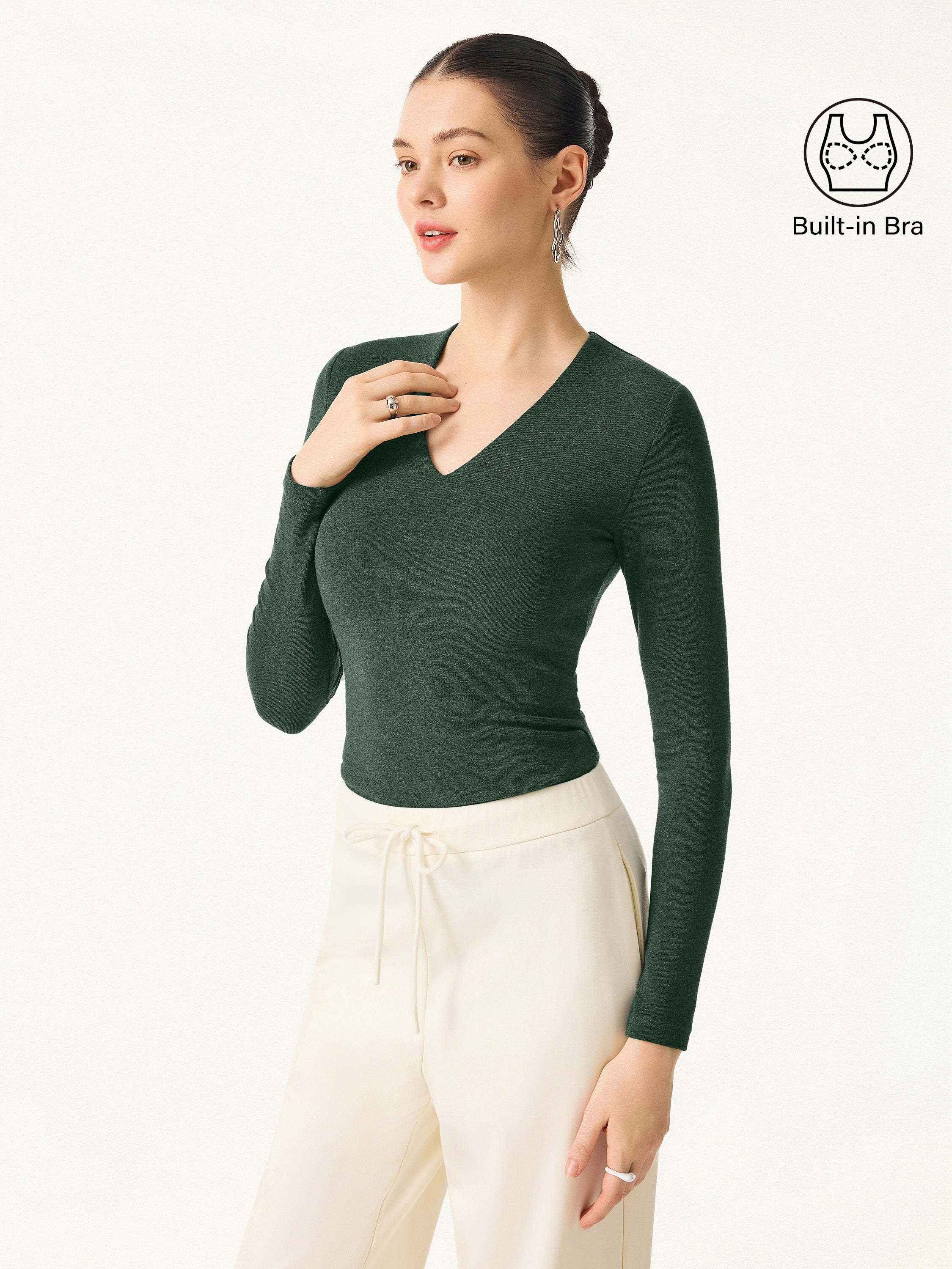 Stretch Cotton V-Neck Long Sleeve Brami Top Deep Bush – Women > Tops > Bra Tops | FormaLuxe
