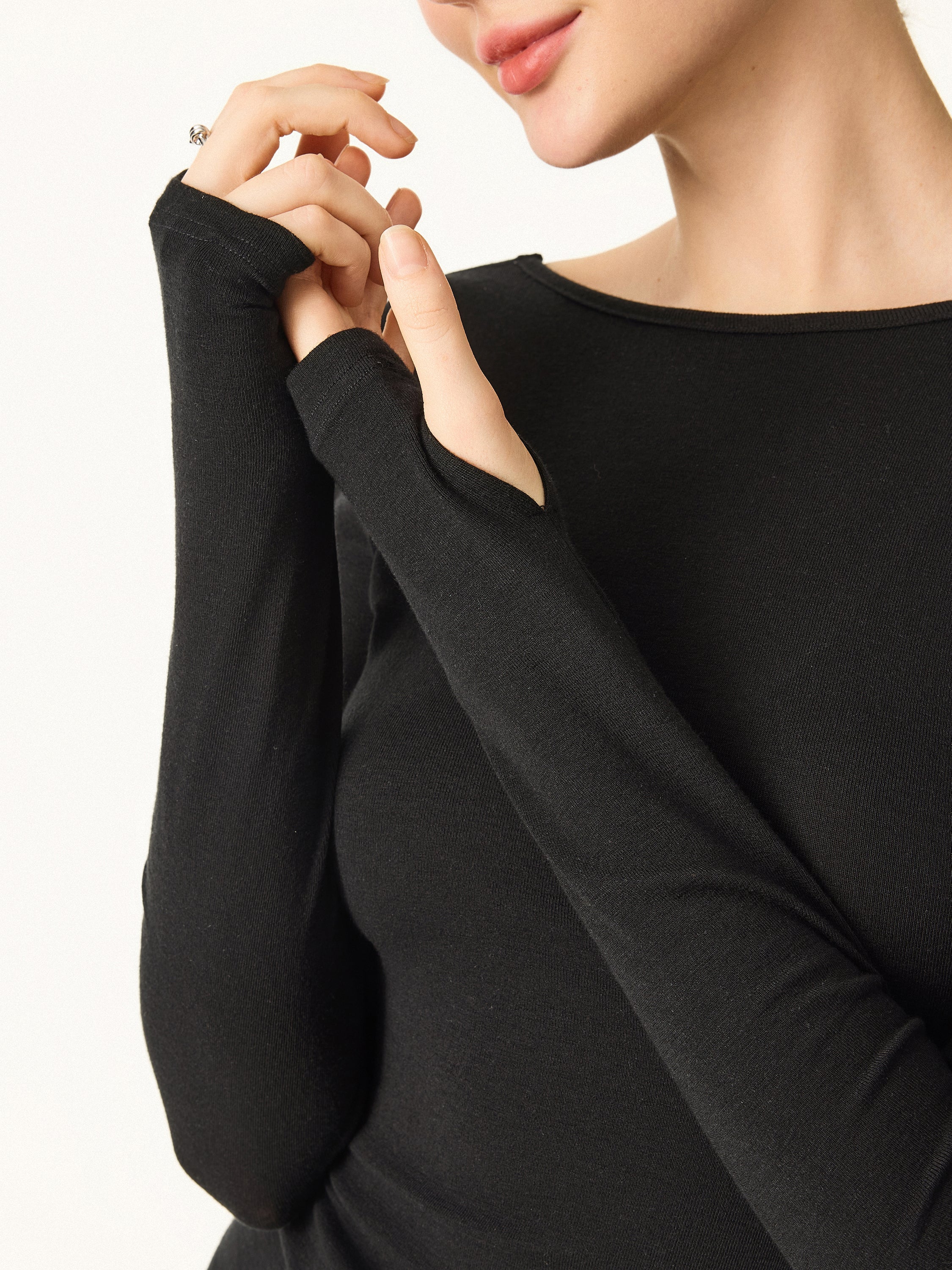 Essential Lyocell Cashmere Multi-Wear Long Sleeve Top with Thumbholes Black – Women > Tops > Shirts&Tops | FormaLuxe