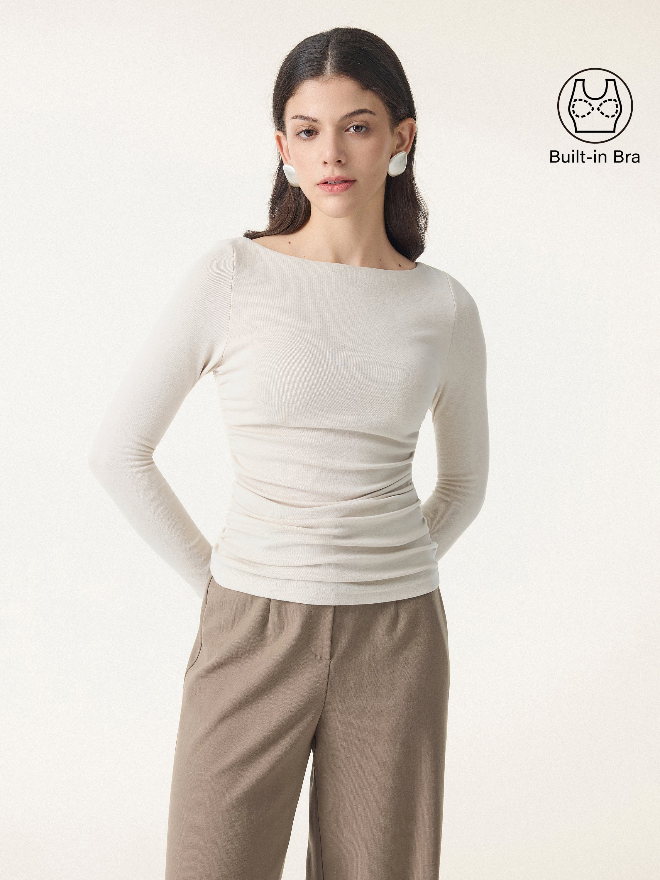 Light Warm Boatneck Ruched Brami Top Cloud White – Women > Tops > Bra Tops | FormaLuxe