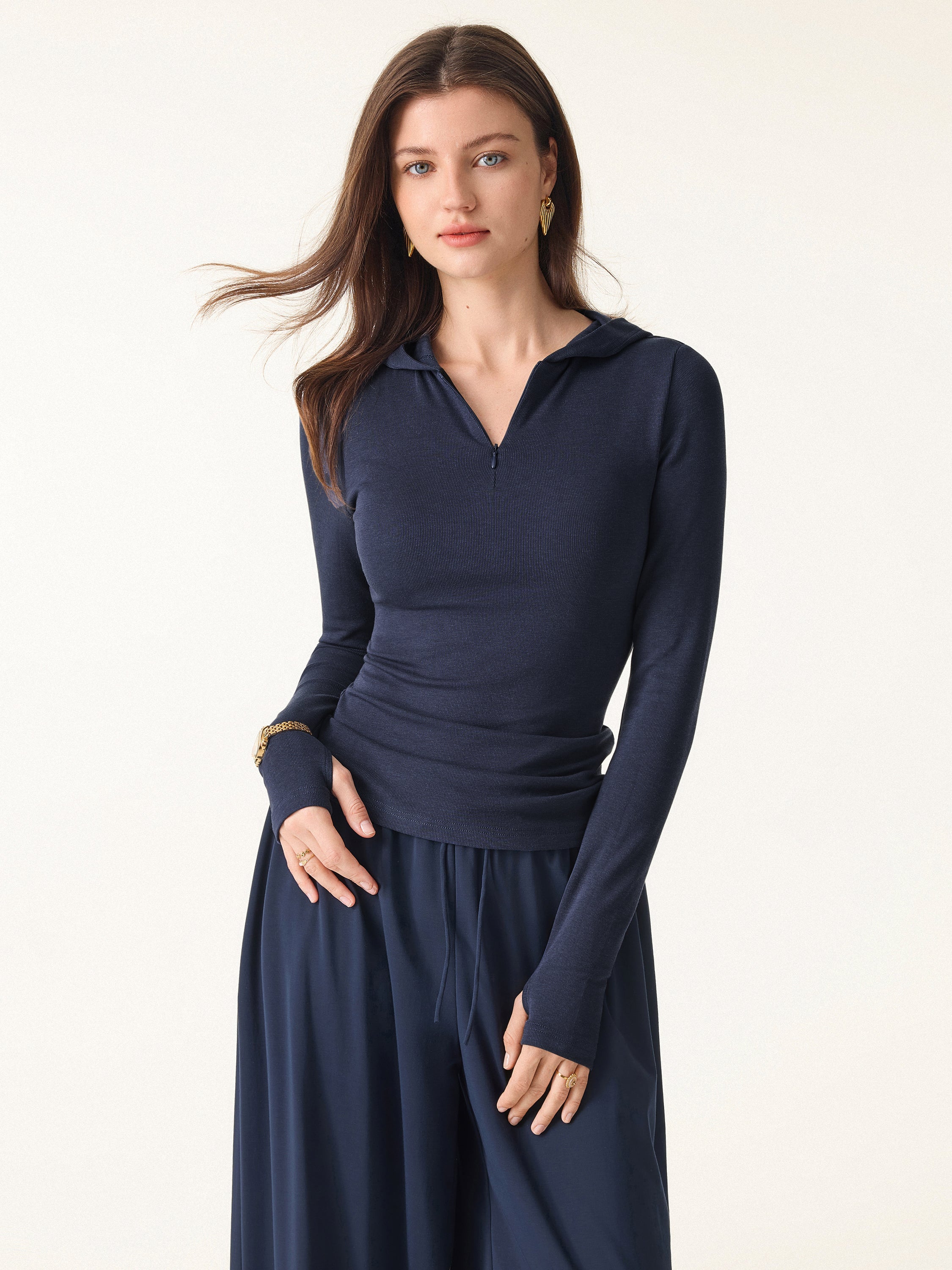 Slim Fitted Quarter Zip Pullover Hoodie Navy – Women > Tops > Bra Tops | FormaLuxe