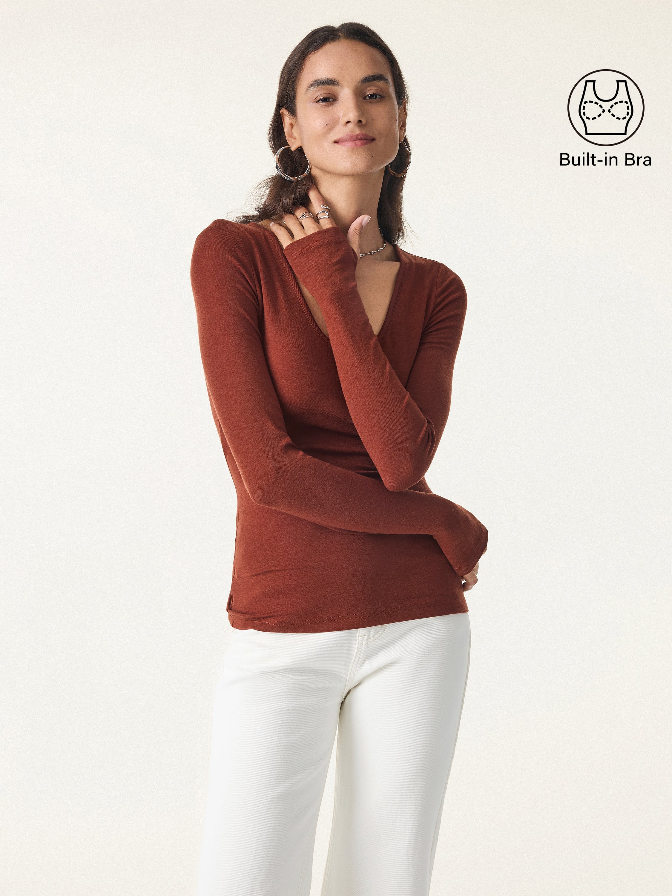 Lyocell Cashmere Scoop Neck Thumbhole Brami Rust Orange – Women > Tops > Bra Tops | FormaLuxe