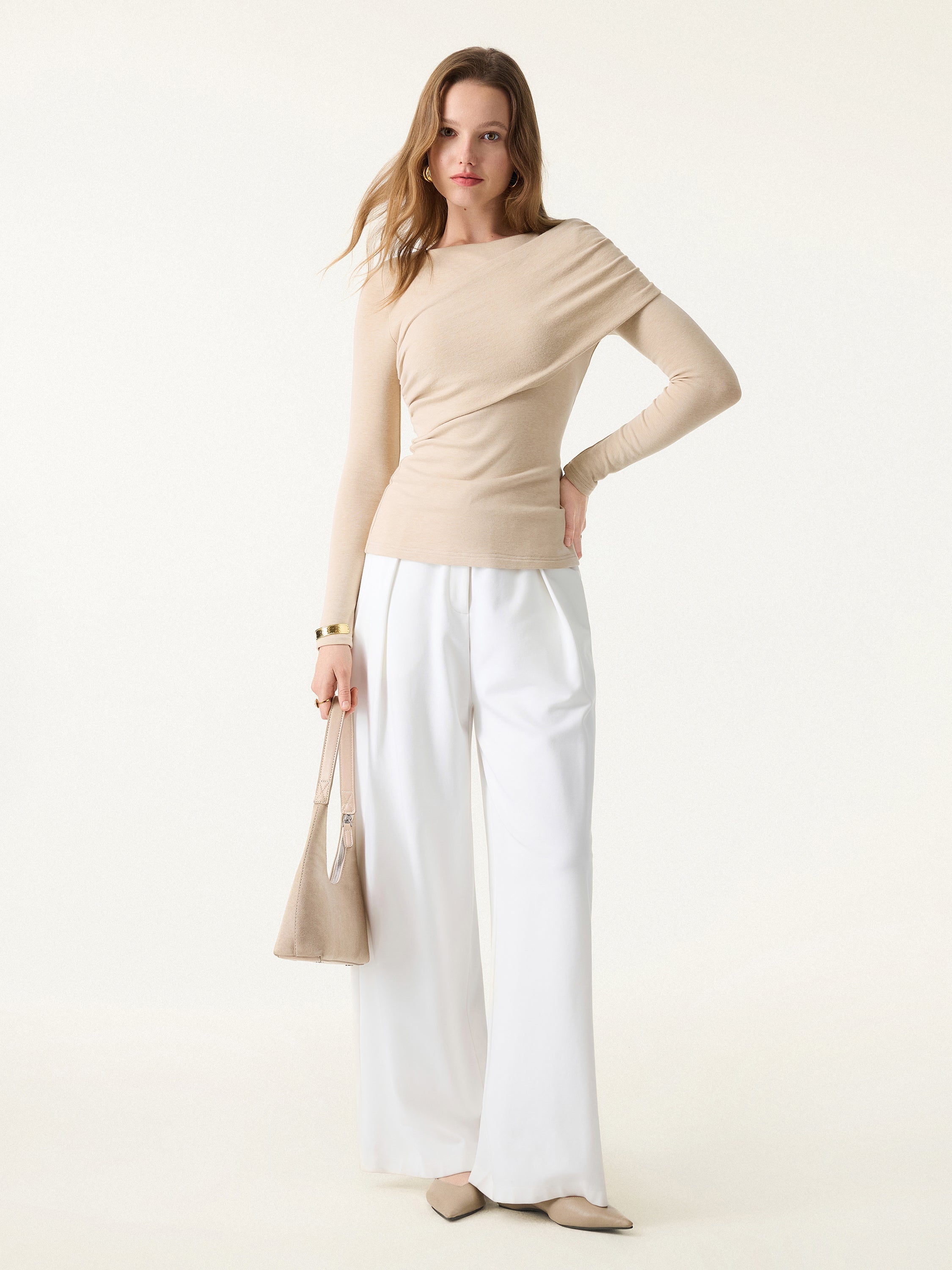Tencel-Wool Gathered Semi Sheer Long Sleeve Brami Top Heather Fog Ivory – Women > Tops > Bra Tops | FormaLuxe
