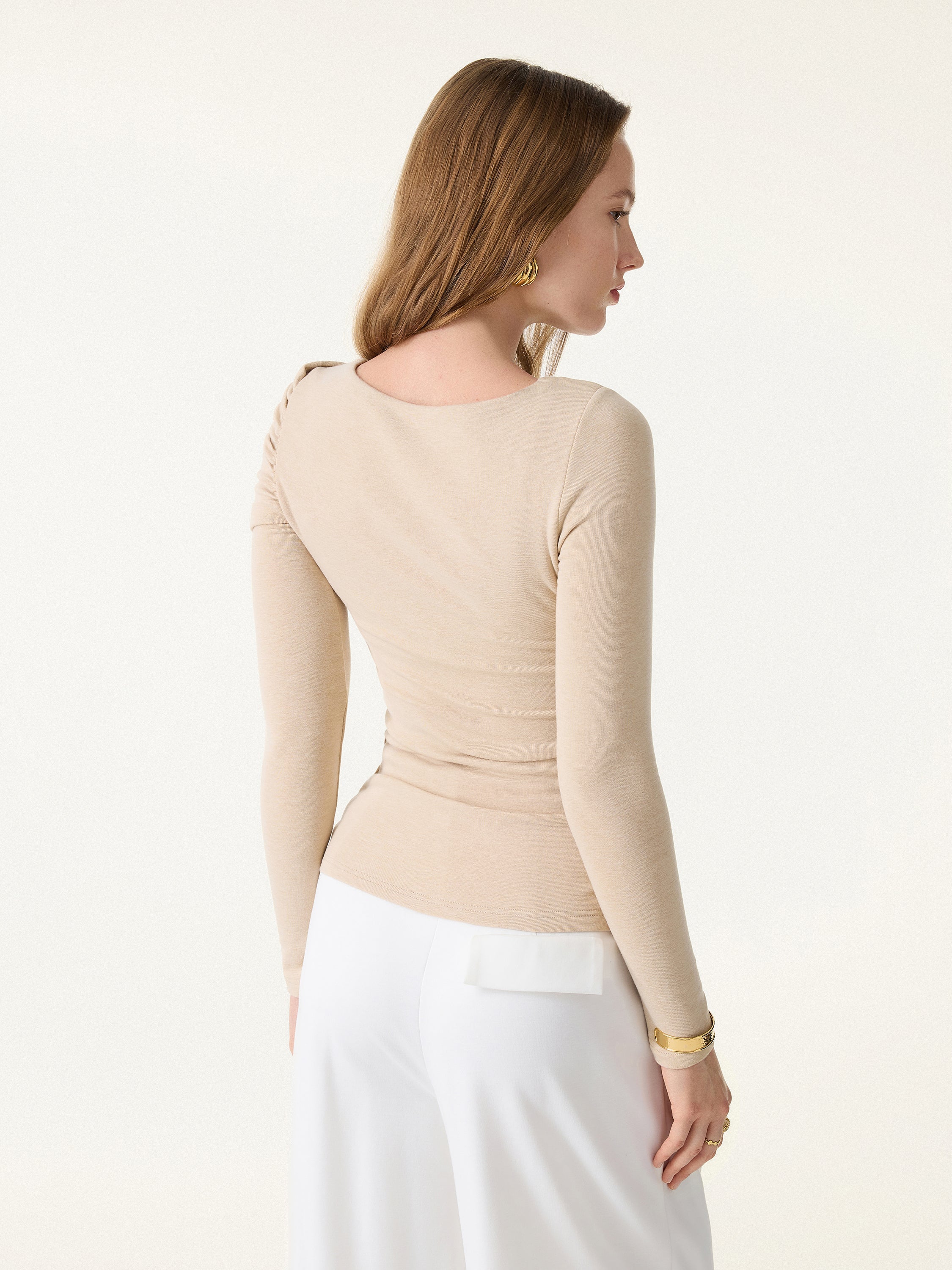 Tencel-Wool Gathered Semi Sheer Long Sleeve Brami Top Heather Fog Ivory – Women > Tops > Bra Tops | FormaLuxe