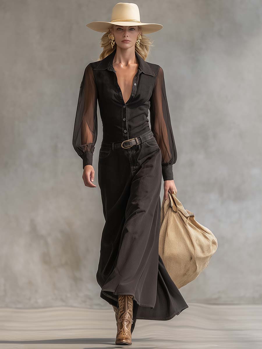 Denim-Maxikleid in Schwarz — V-Ausschnitt, lange Ärmel Black – Maxi Dresses | FormaLuxe