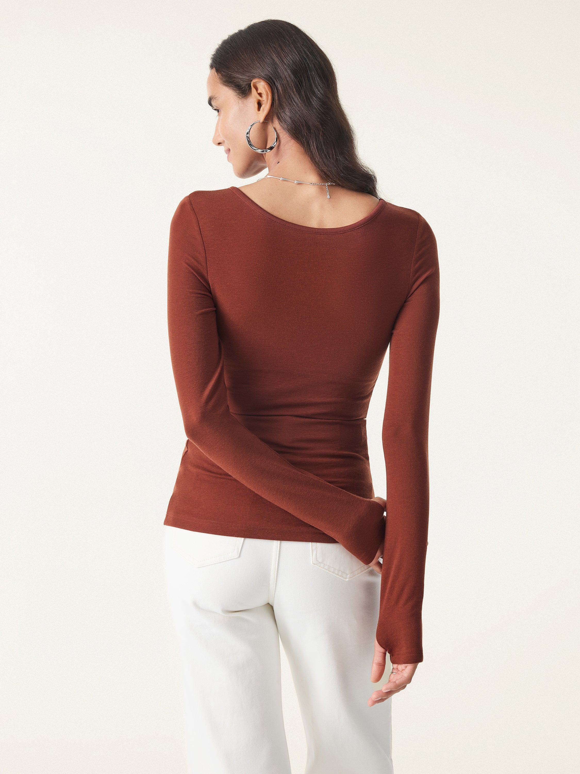 Lyocell Cashmere Scoop Neck Thumbhole Brami Rust Orange – Women > Tops > Bra Tops | FormaLuxe