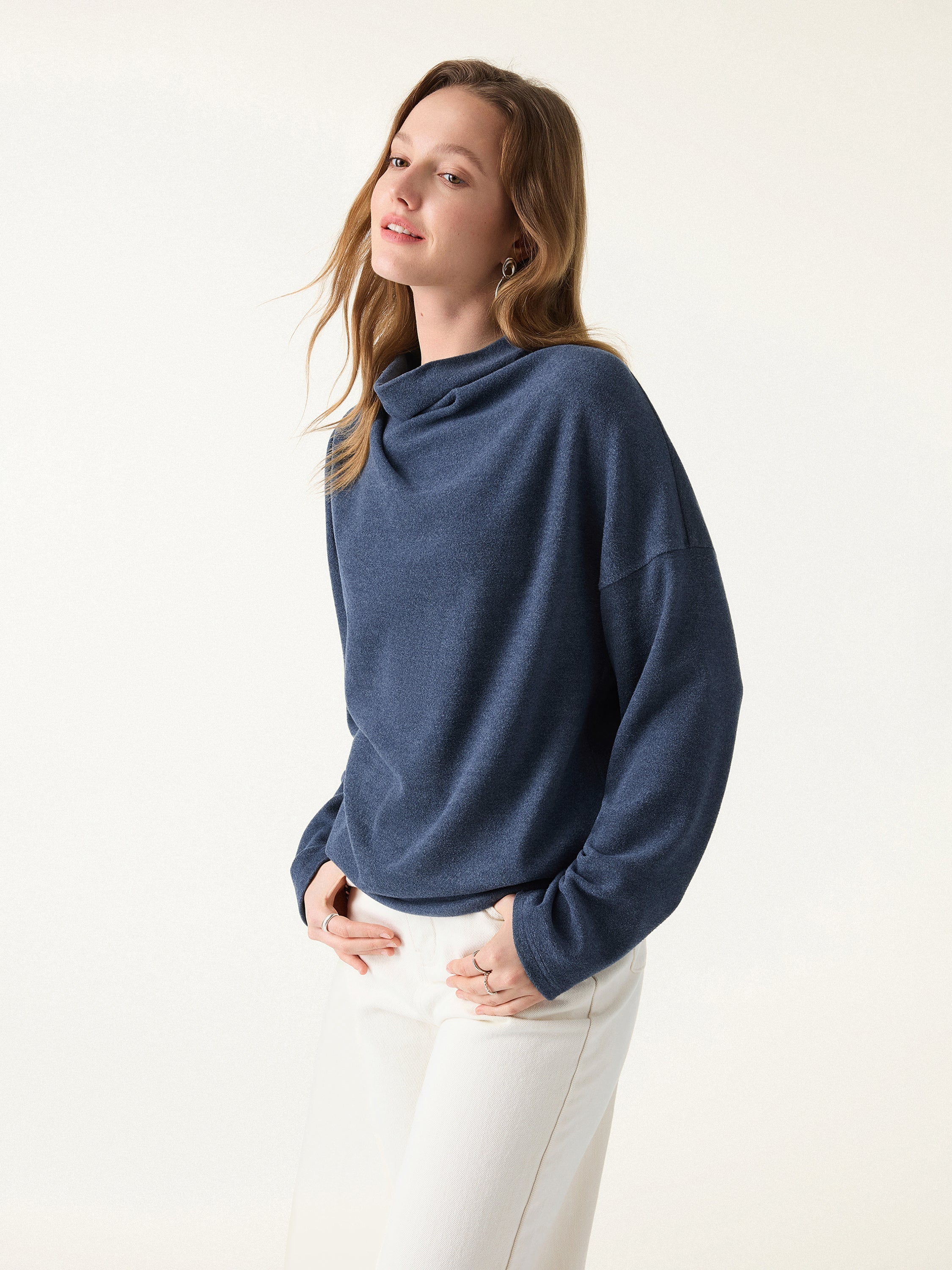 Cozy Relaxed Mockneck Top with Banded Hem Heather Indigo – Women > Tops > Shirts&Tops | FormaLuxe