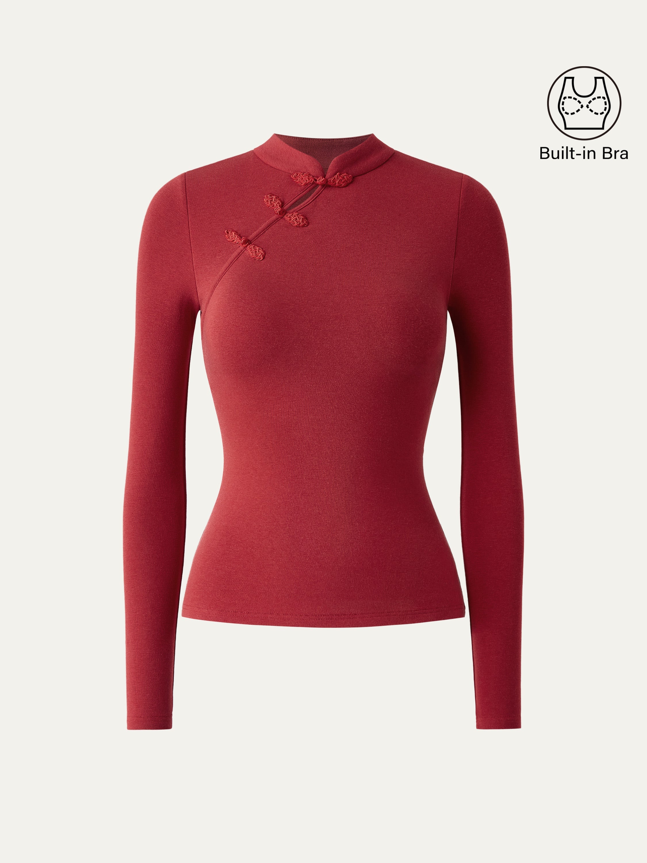 Mandarin Collar Asymmetric Frog Button Brami Top Limited Edition Christmas Red – Women > Tops > Bra Tops | FormaLuxe