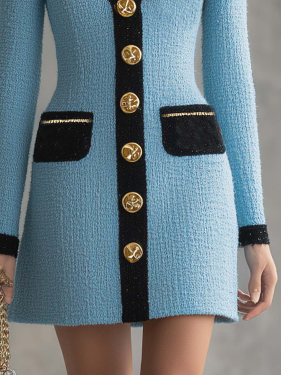 Vintage-Klassiker mit V-Ausschnitt, Metallknöpfen vorne, schwarzer Verzierung und himmelblauem Tweed-Minikleid – Mini Dresses | FormaLuxe