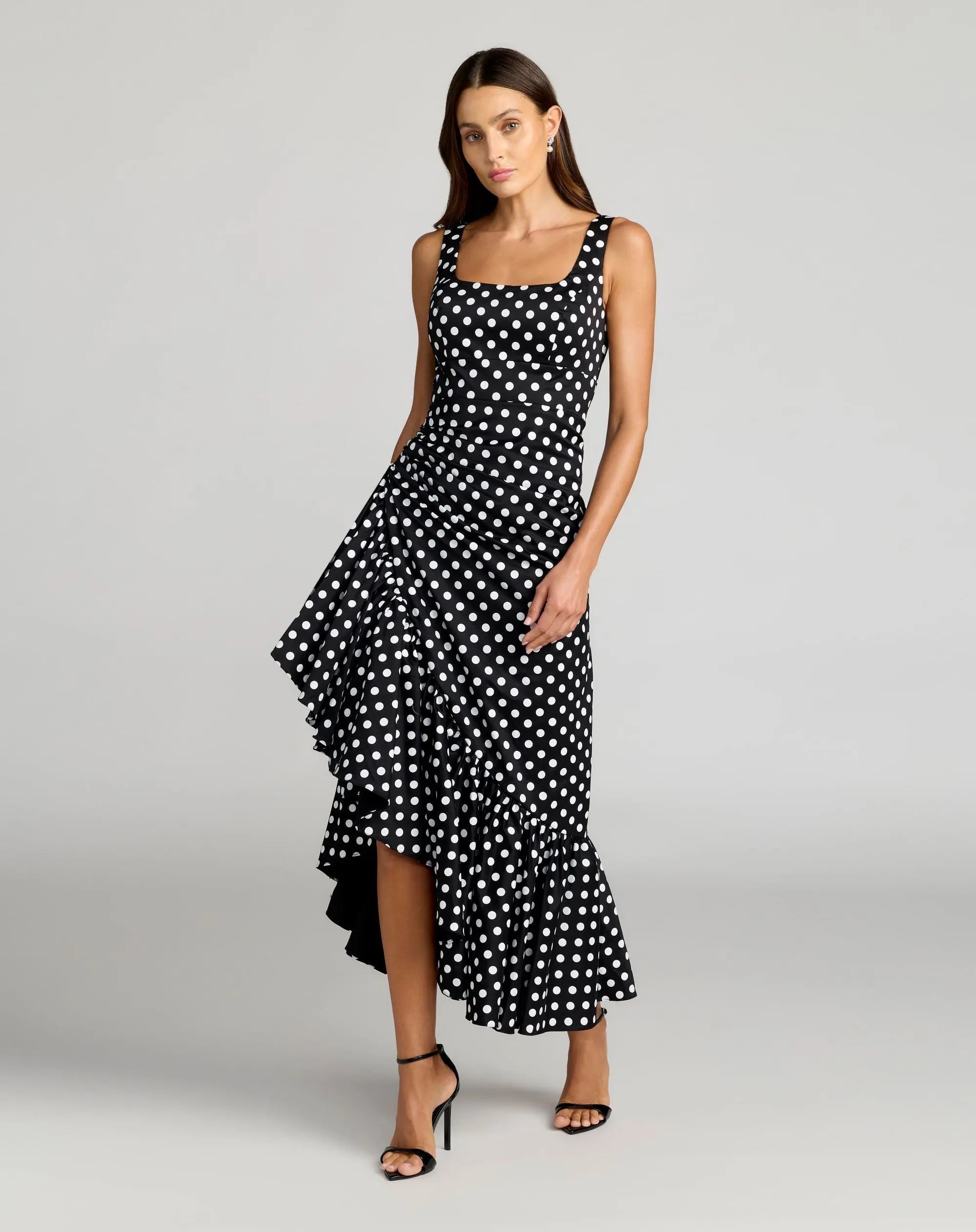 Black Sleeveless Polka Dot Midi Dress Ruffled Hem – Midikleid | FormaLuxe