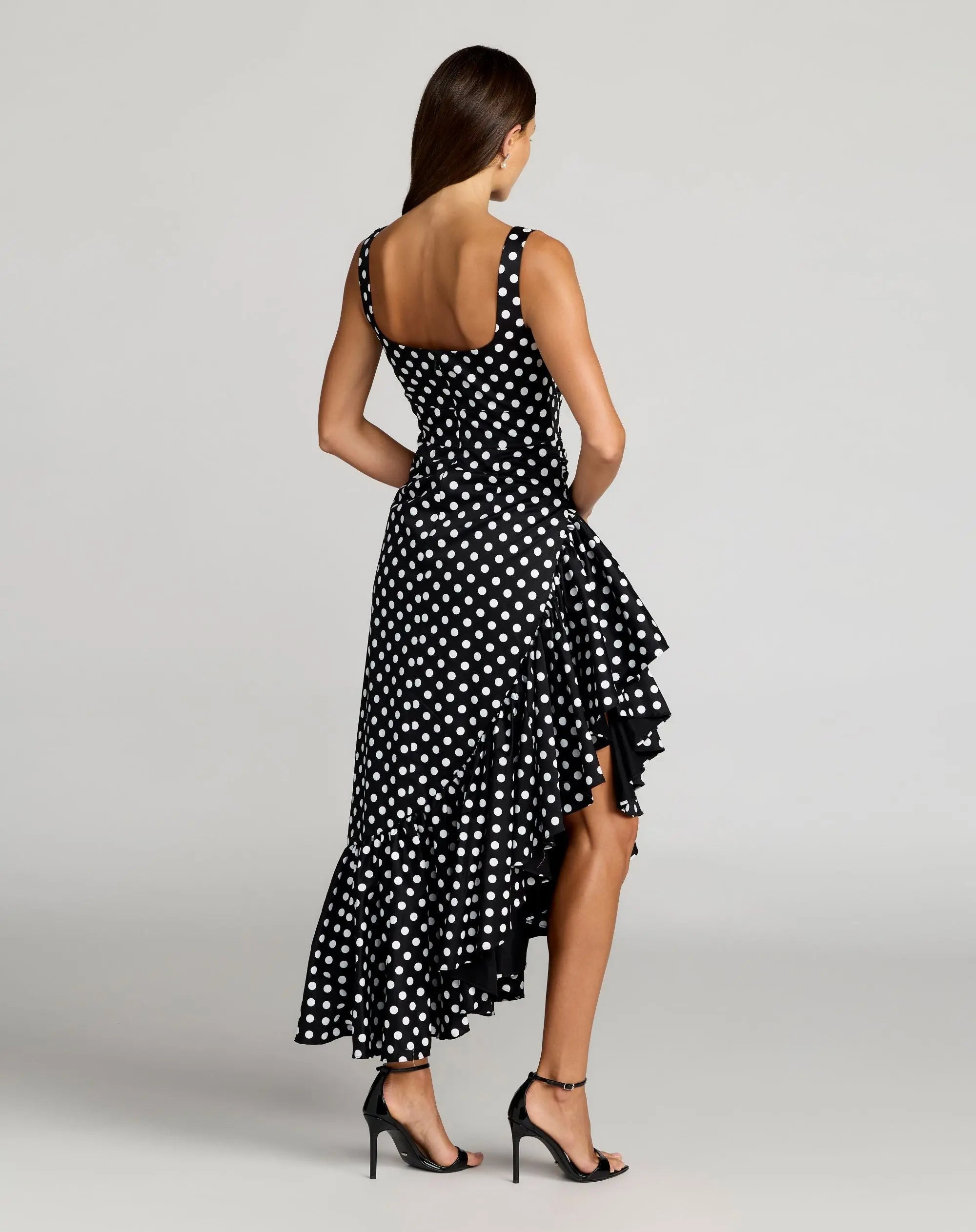Black Sleeveless Polka Dot Midi Dress Ruffled Hem – Midikleid | FormaLuxe