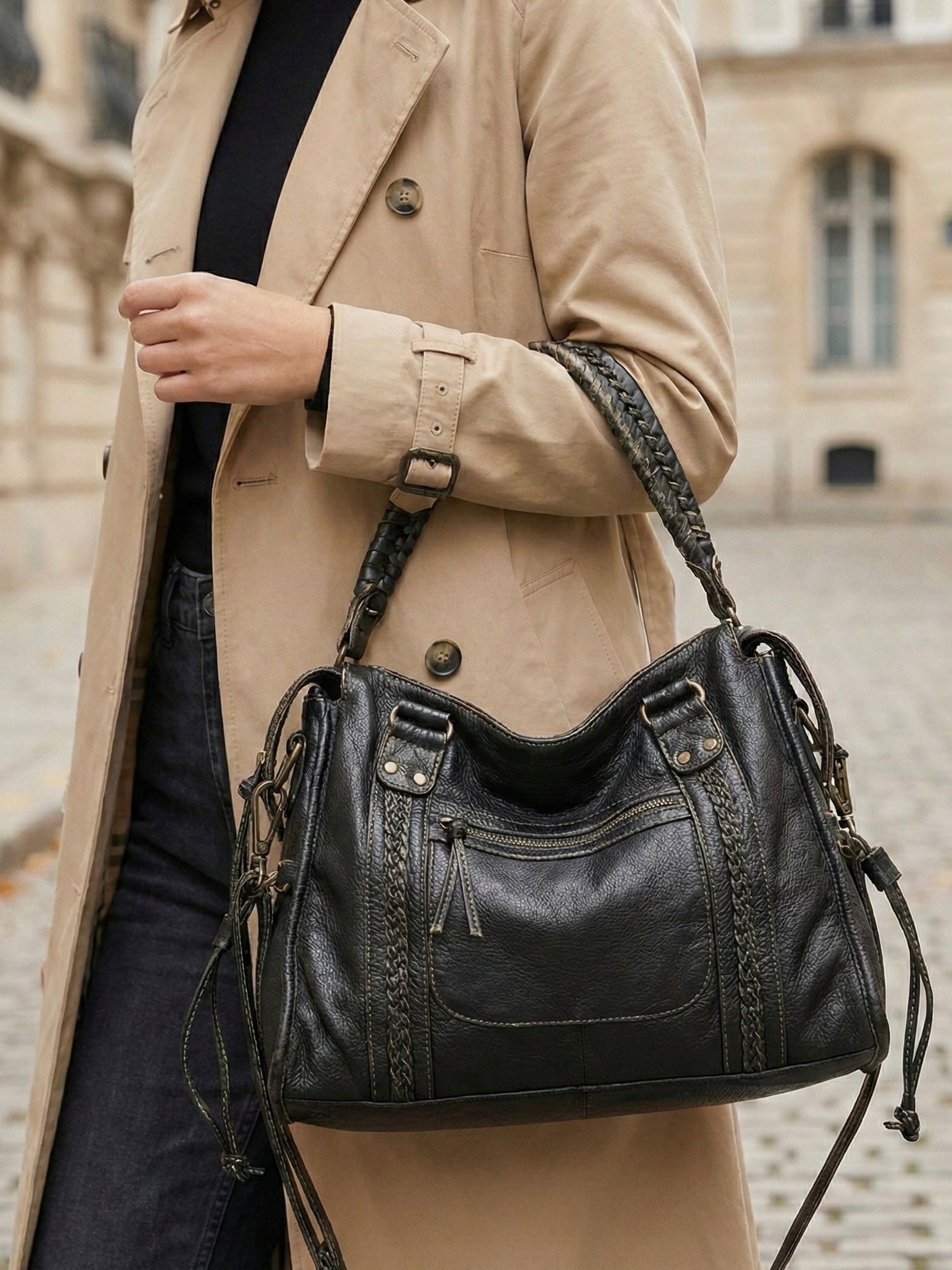 Arabell | Vintage Faux Leather Structured Tote Bag Black – Arabell | Vintage Leather Structured Tote Bag | FormaLuxe