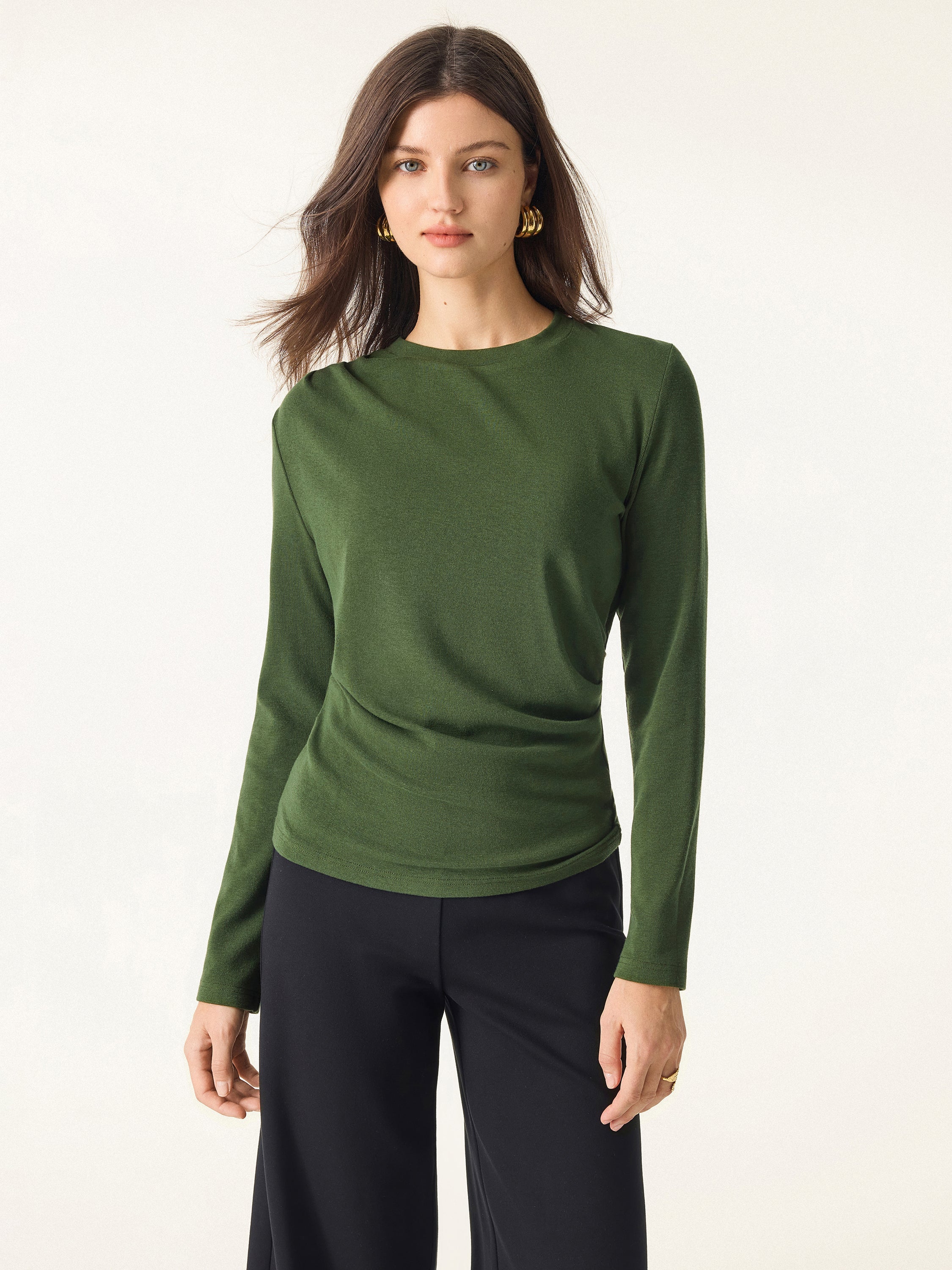 Light Warm Crewneck Tucked Top Moss Olive – Women > Tops > Shirts&Tops | FormaLuxe