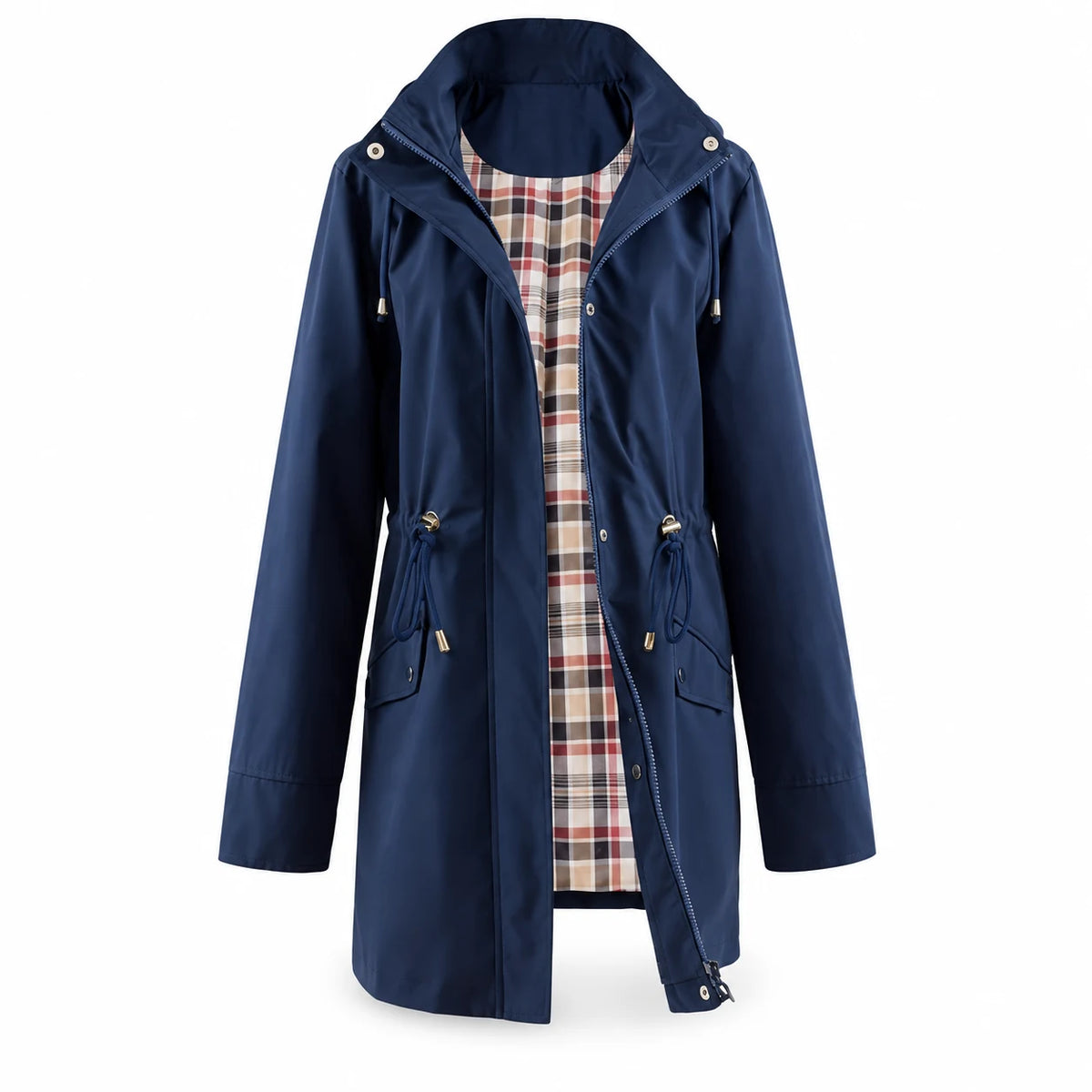Regenjacke Damen Liv in Marineblau – Vorderansicht mit Kapuze und Karofutter | FormaLuxe
