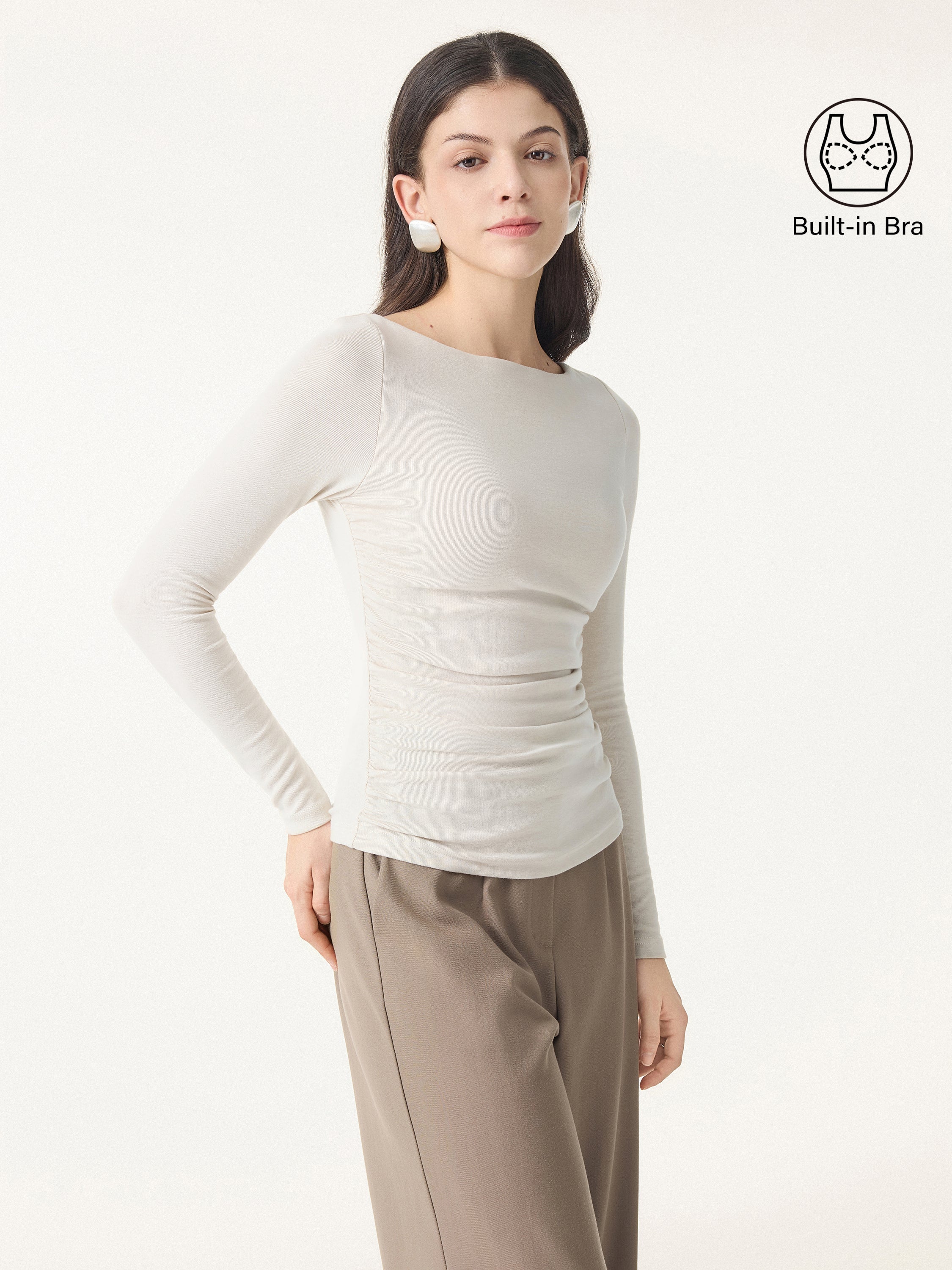 Light Warm Boatneck Ruched Brami Top Cloud White – Women > Tops > Bra Tops | FormaLuxe