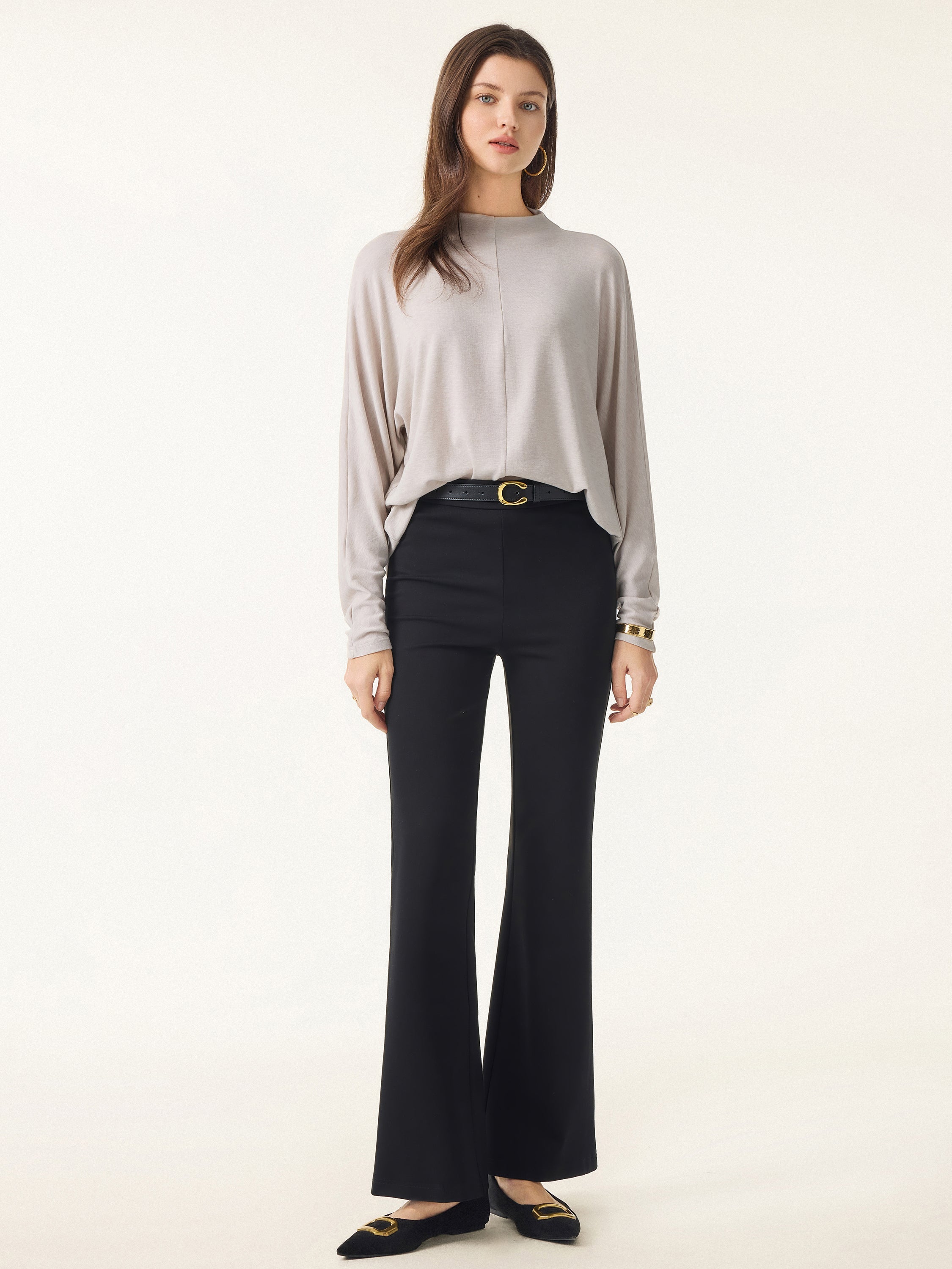 Slimming Ponte High Rise Pull-on Flared Pants Black – Women > Bottoms > Pants | FormaLuxe