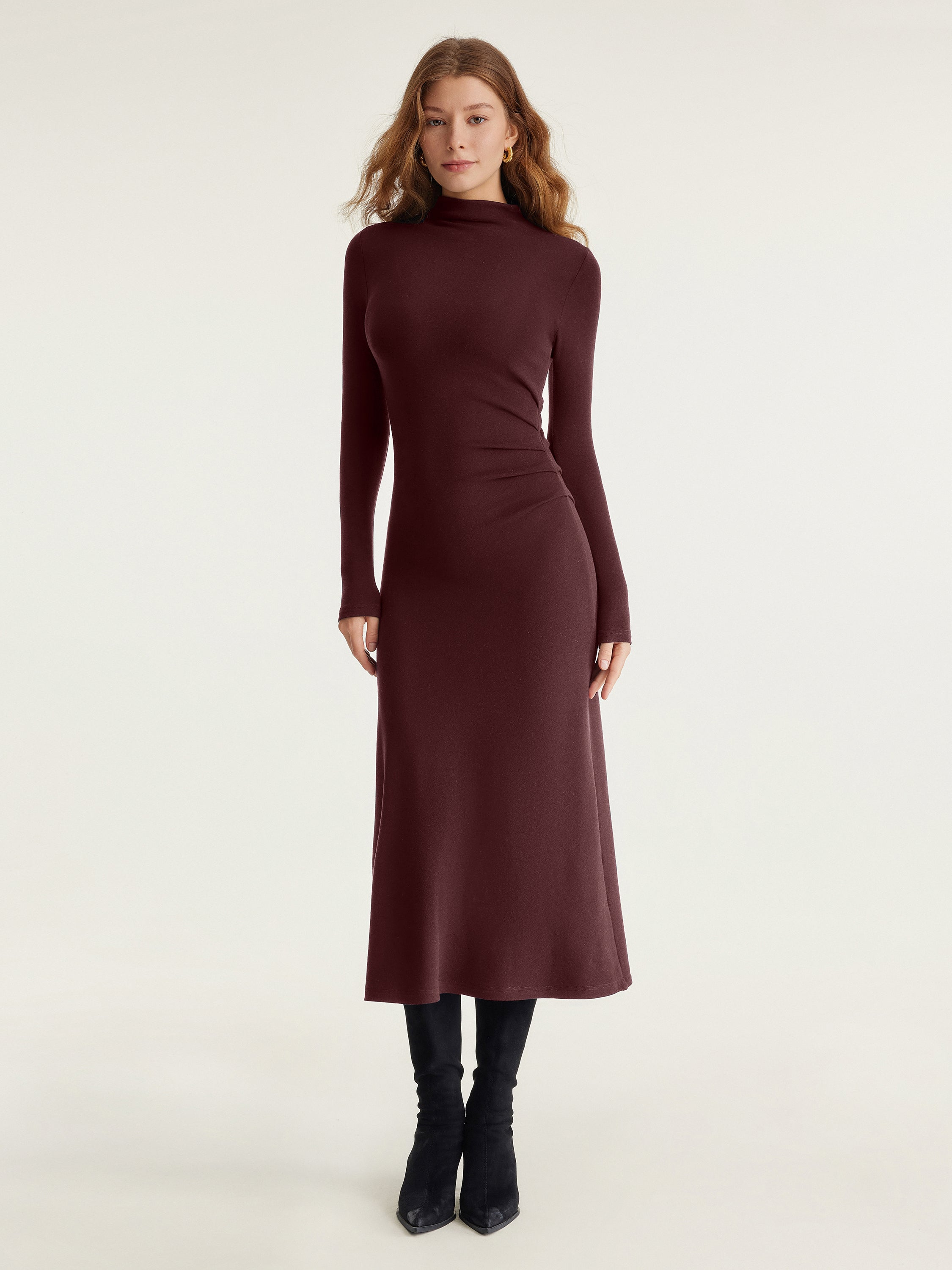 ProWarm Long Sleeves Mockneck Tucks Midi Dress Midnight Navy – Women > Dresses > Midi Dresses | FormaLuxe