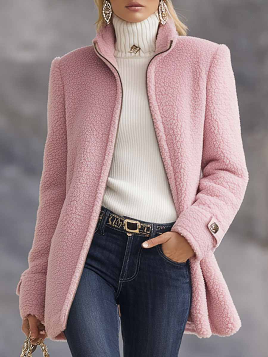 Lässige Vintage-Jacke aus rosa Polarfleece mit Reißverschluss Pink – Coat | FormaLuxe