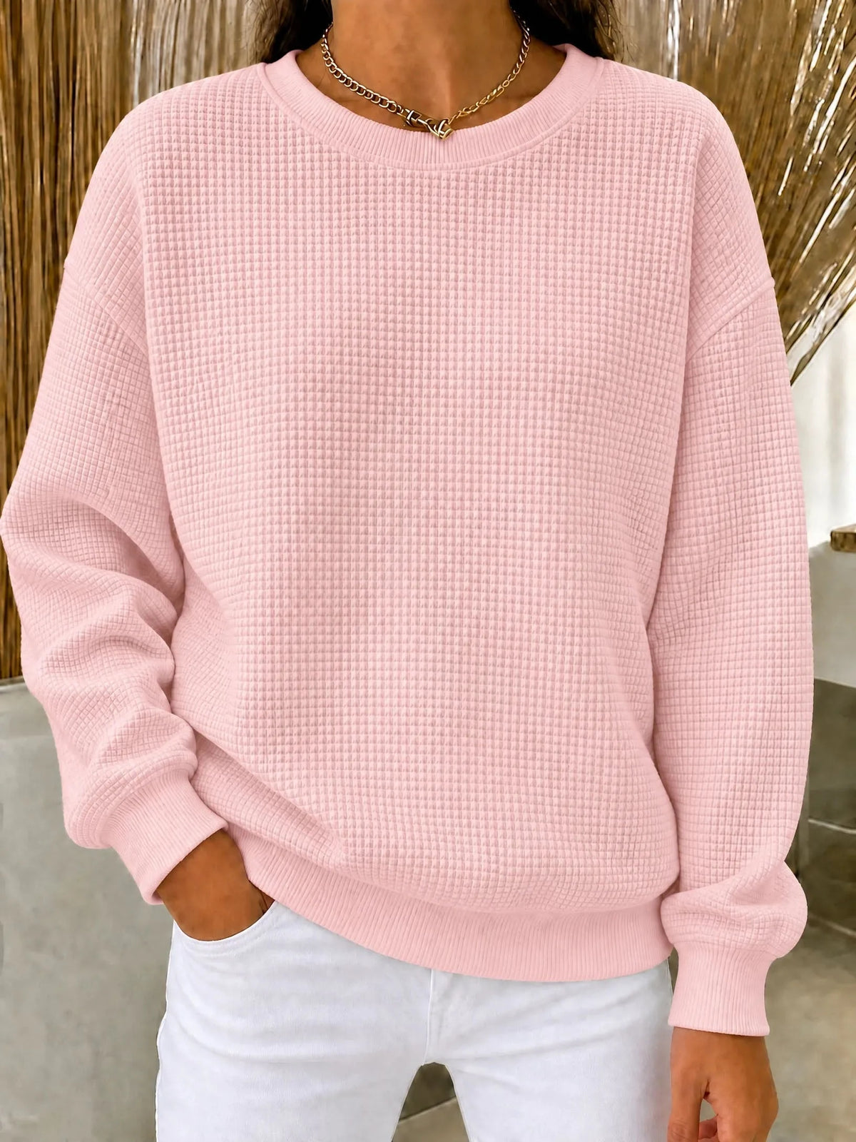 Waffelstrick-Pullover Damen Mila in Rosa – Waffelstruktur und Rundhalsausschnitt | FormaLuxe