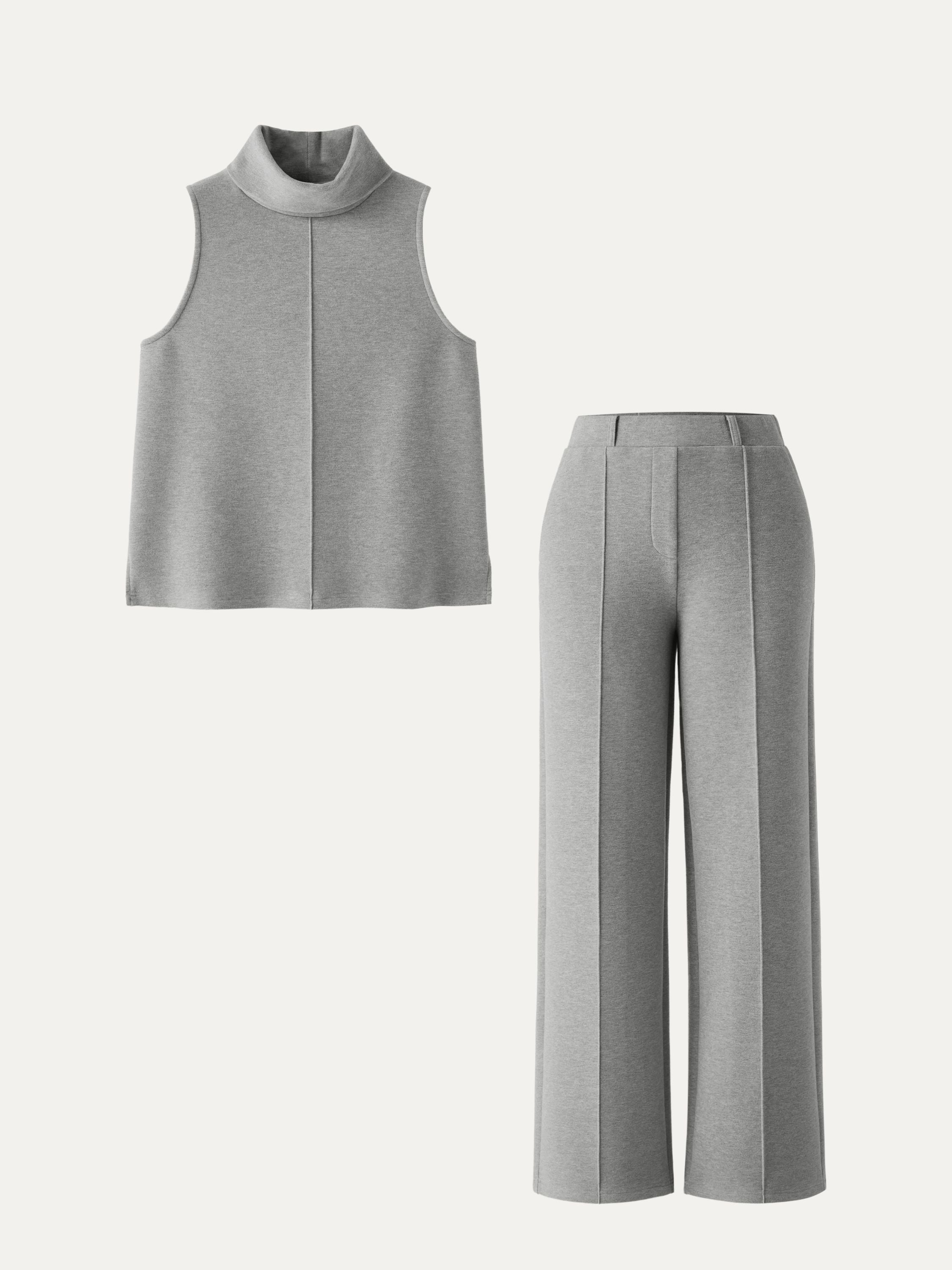2Pcs Set Petite High Waisted Straight Leg Pant & Split Hem Top Heather Morganite – Women > Bundles&Sets > Bundles | FormaLuxe