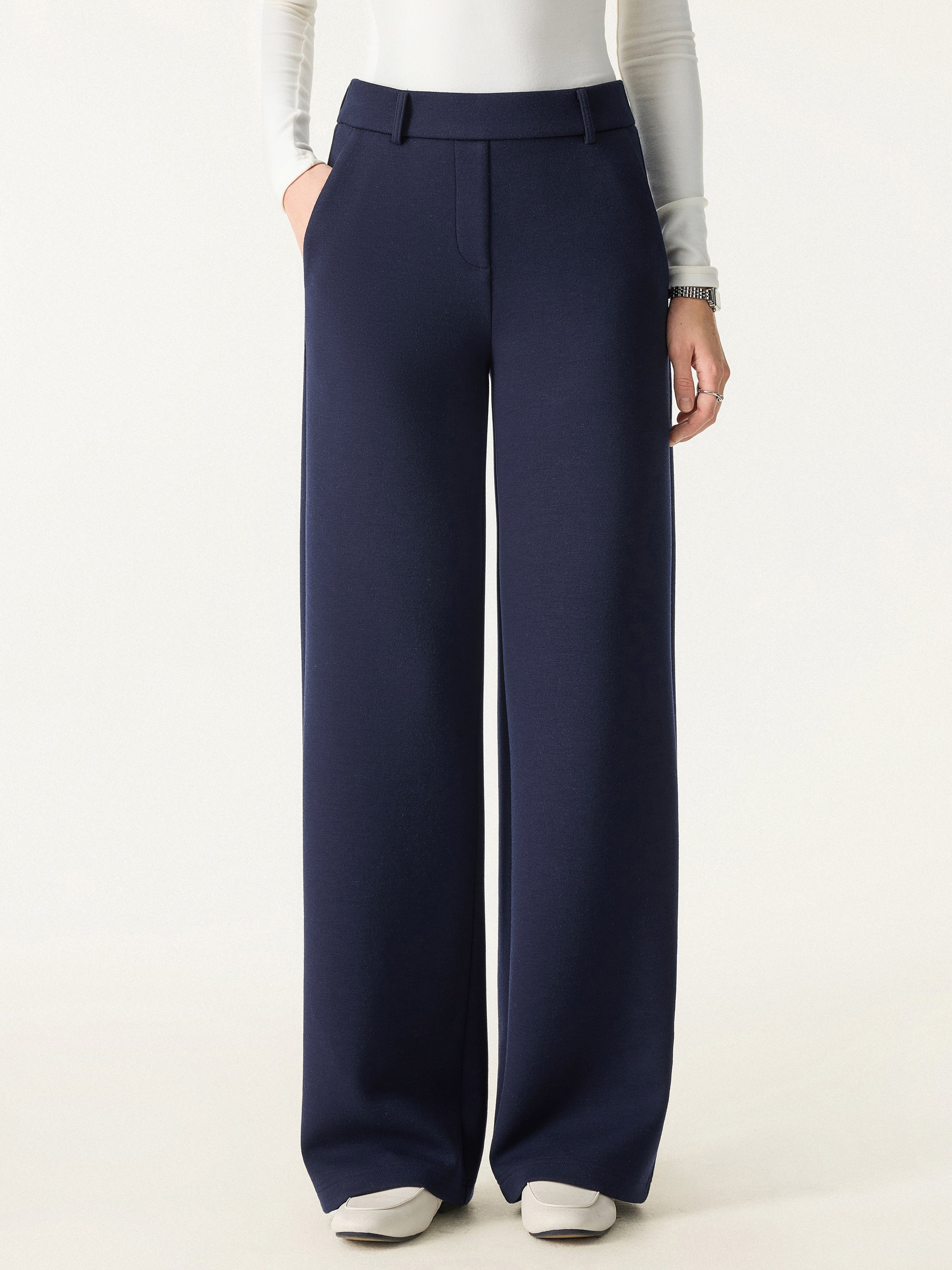 Stretchy Mid Rise Straight Leg Pull-on Pants with Pockets Universe Navy – Women > Bottoms > Pants | FormaLuxe