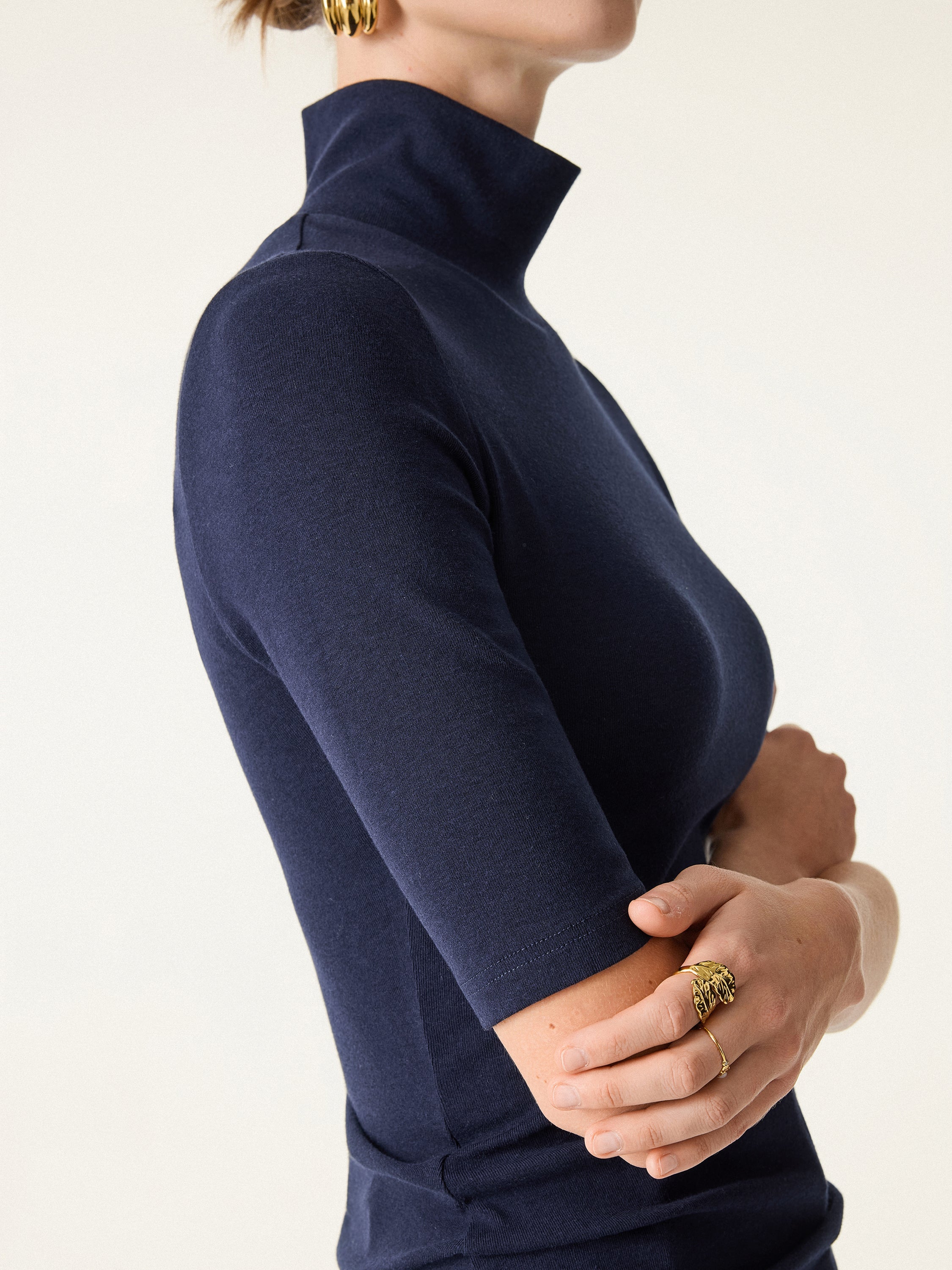 Essential Turtleneck Elbow Length Sleeve Brami Midnight Navy – Women > Tops > Bra Tops | FormaLuxe
