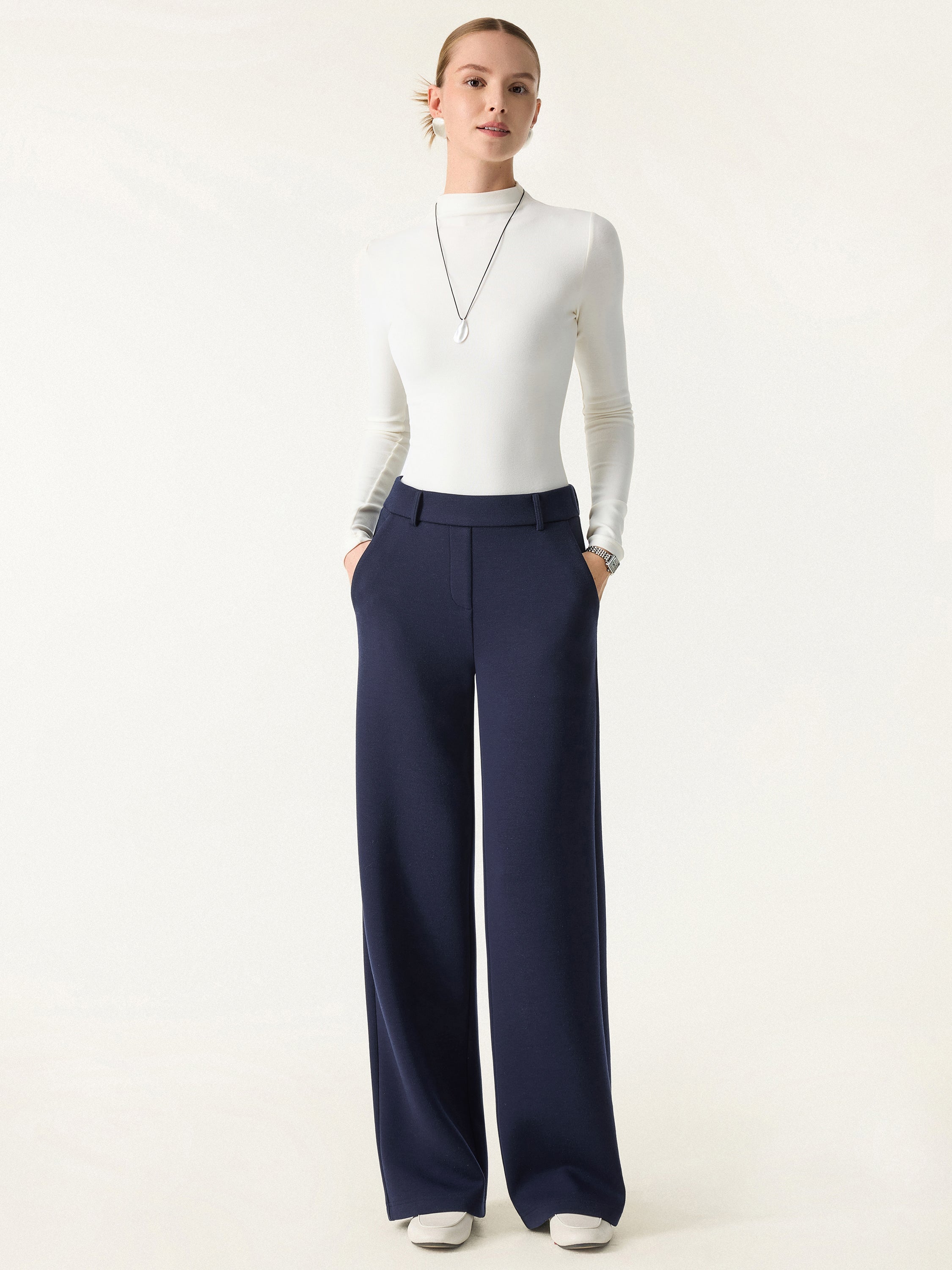 Stretchy Mid Rise Straight Leg Pull-on Pants with Pockets Universe Navy – Women > Bottoms > Pants | FormaLuxe