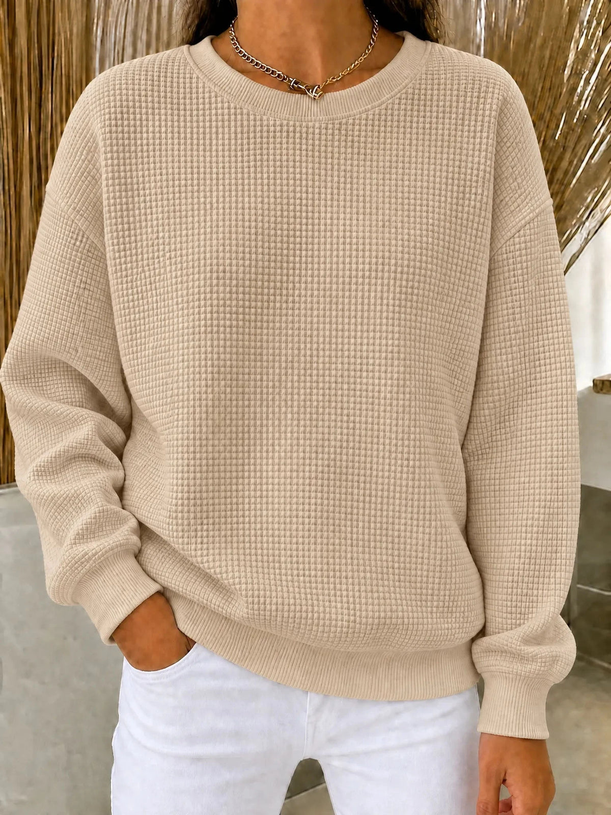 Waffelstrick-Pullover Damen Mila in Khaki – Waffelstruktur und Rundhalsausschnitt | FormaLuxe