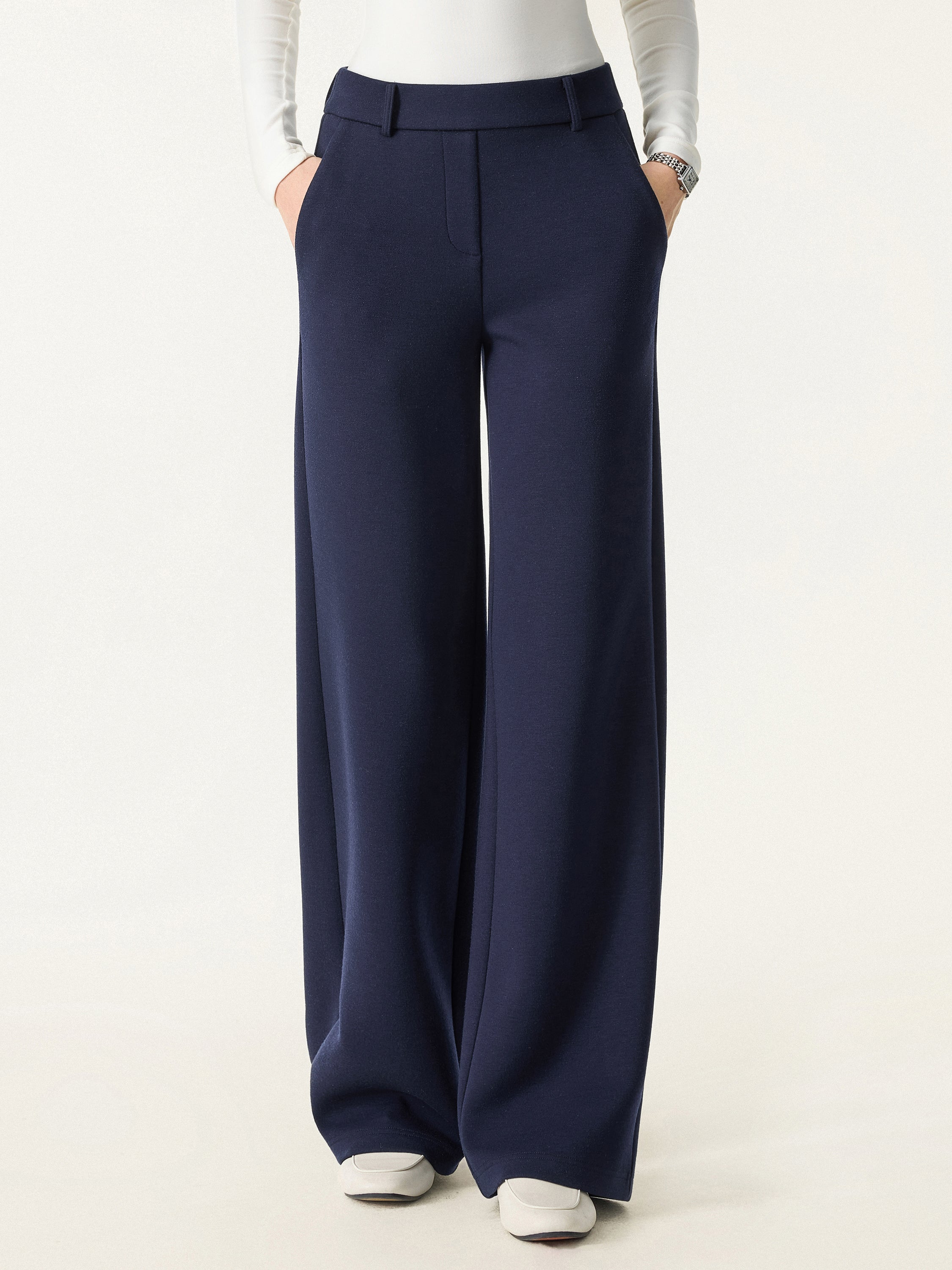 Stretchy Mid Rise Straight Leg Pull-on Pants with Pockets Universe Navy – Women > Bottoms > Pants | FormaLuxe