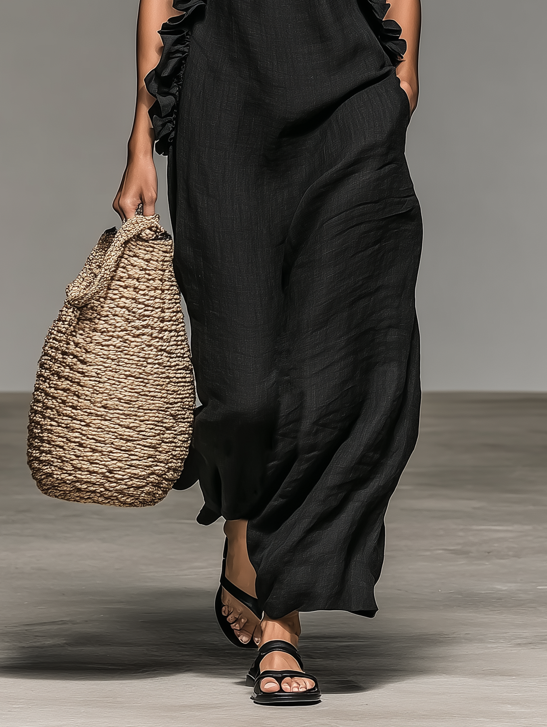Women's Minimalist Linen-blend Sleeveless Maxi Dress With Ruffle Black | FormaLuxe