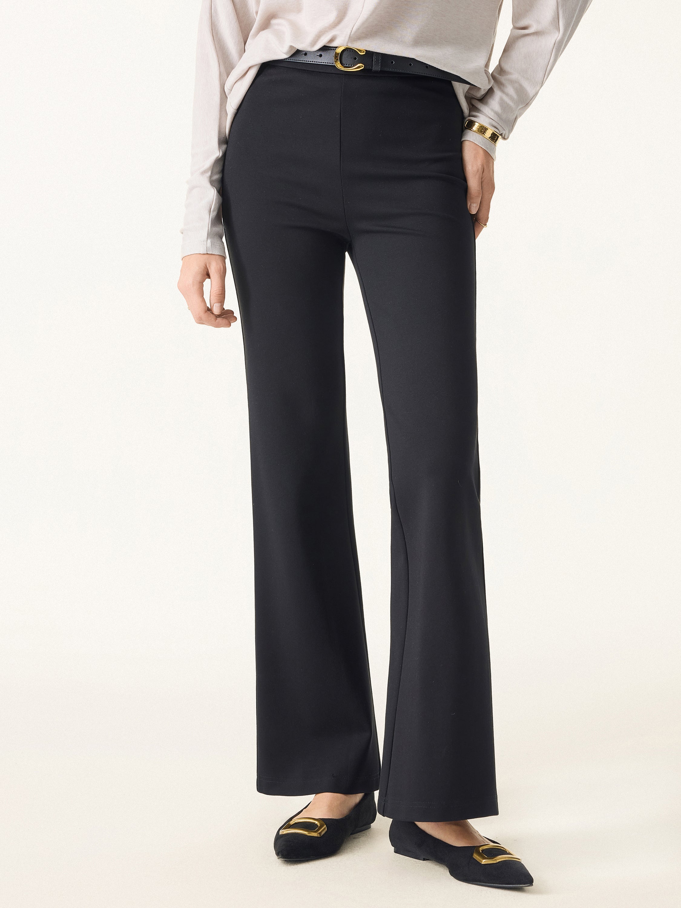 Slimming Ponte High Rise Pull-on Flared Pants Black – Women > Bottoms > Pants | FormaLuxe