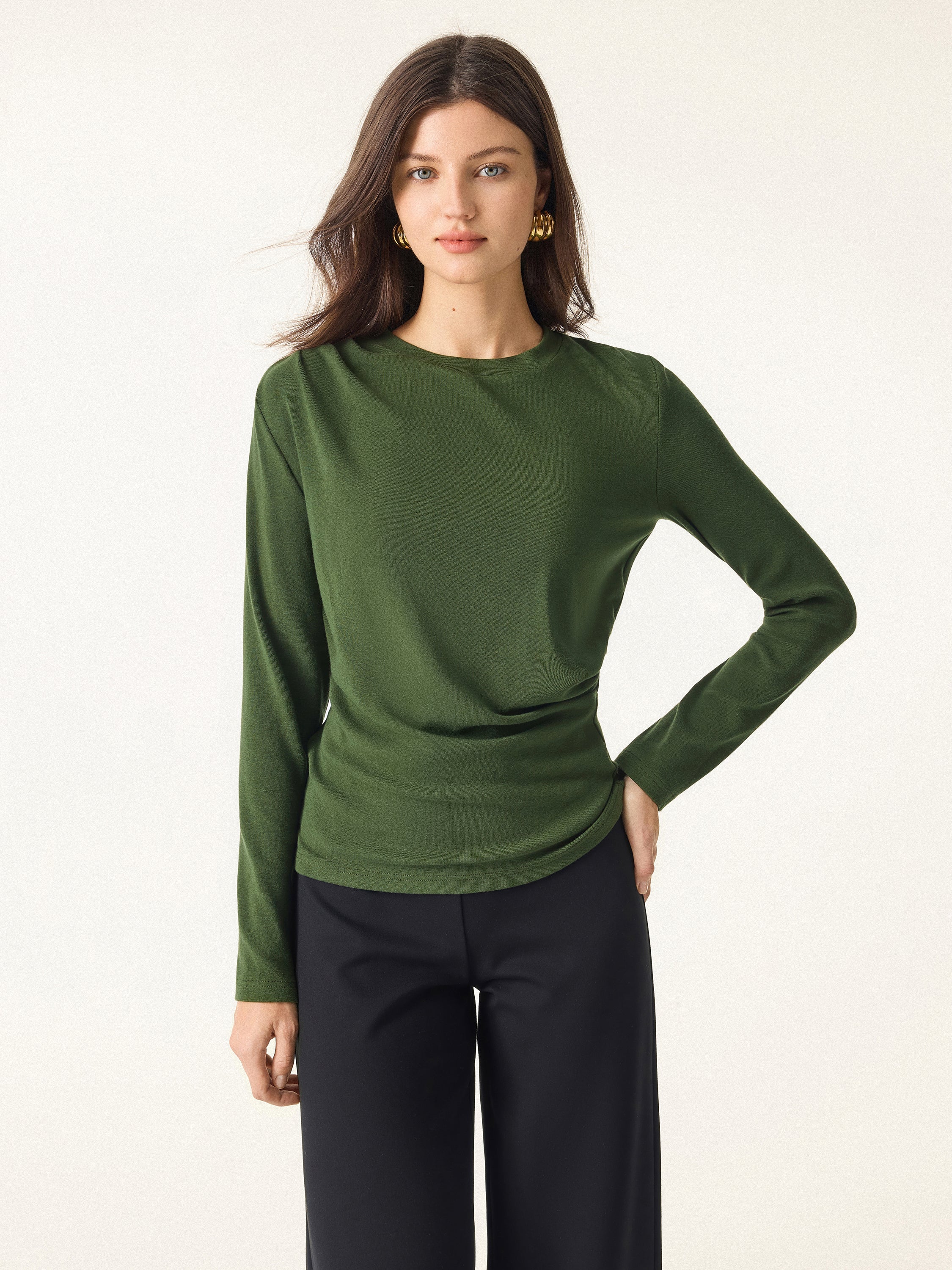 Light Warm Crewneck Tucked Top Moss Olive – Women > Tops > Shirts&Tops | FormaLuxe