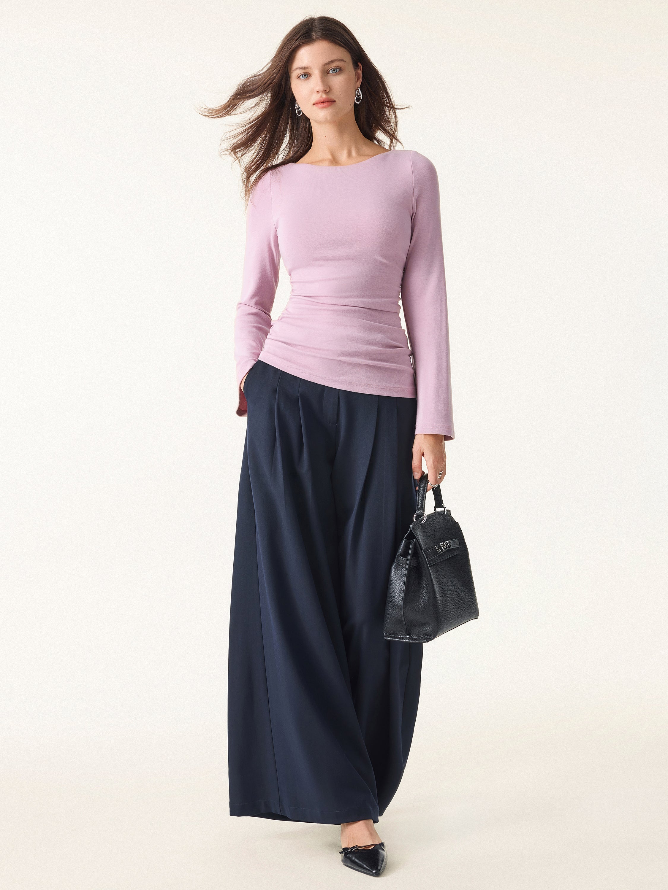 Boatneck Bell Sleeves Ruched Brami Top Opera Mauve – Women > Tops > Bra Tops | FormaLuxe