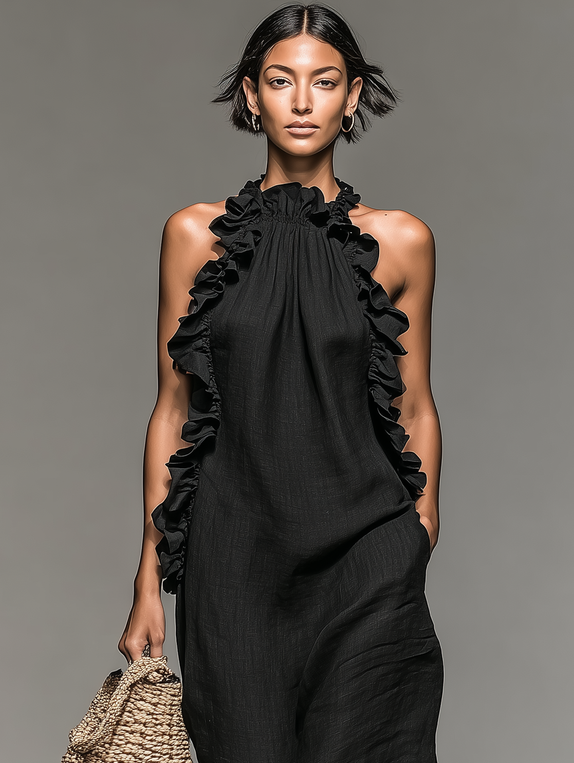 Women's Minimalist Linen-blend Sleeveless Maxi Dress With Ruffle Black | FormaLuxe