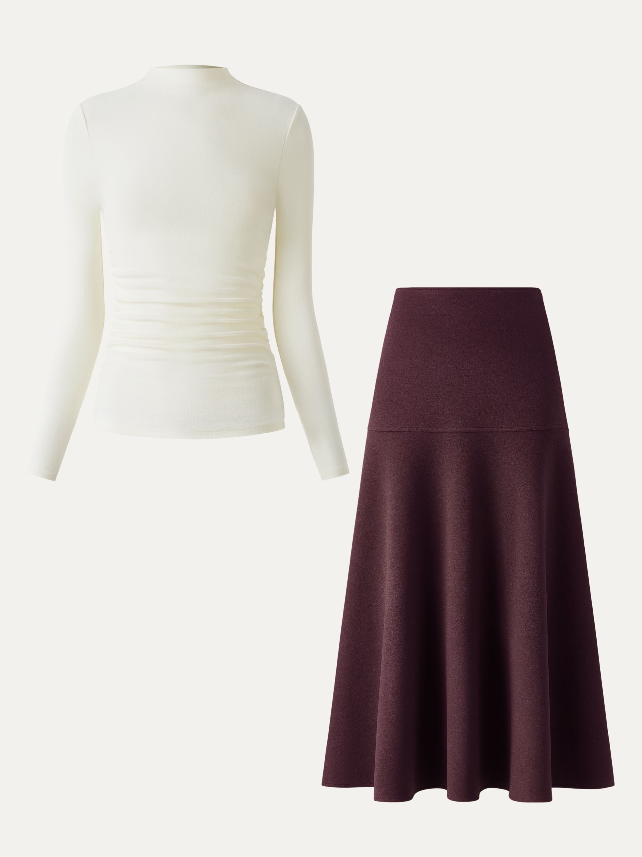 2-Piece Set Ruched Sides Tuckable Mockneck Top & Flared Maxi Skirt
