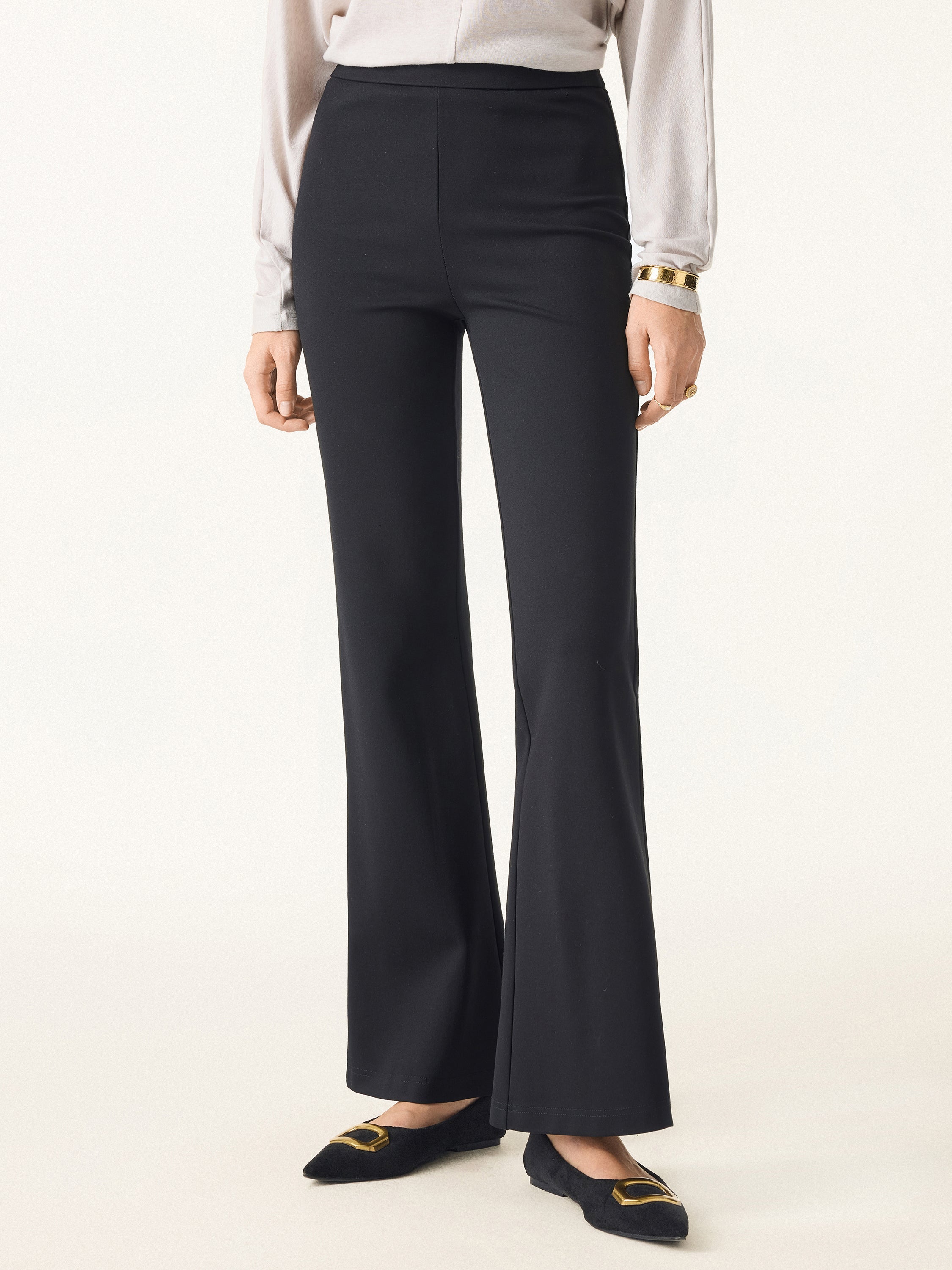 Slimming Ponte High Rise Pull-on Flared Pants Black – Women > Bottoms > Pants | FormaLuxe