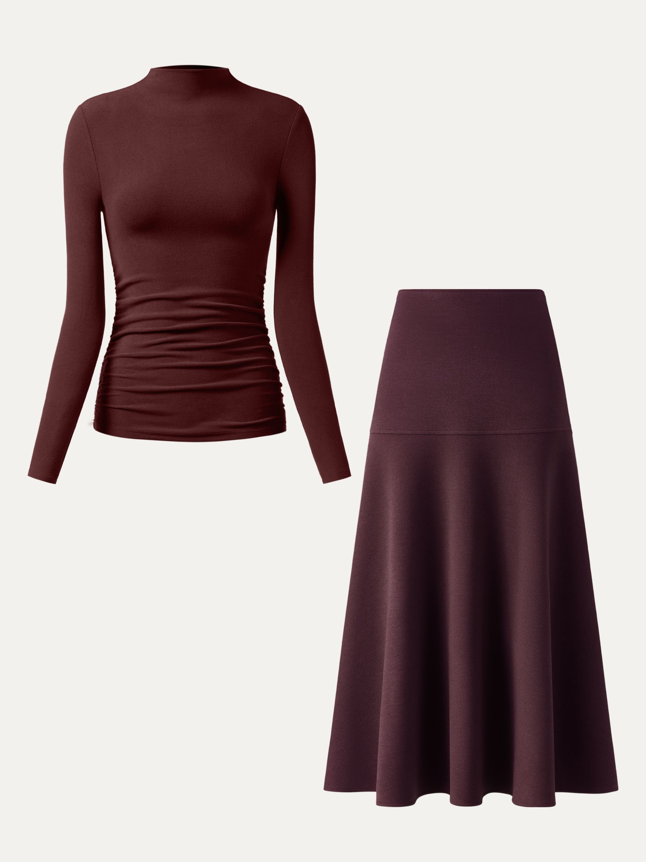 2-Piece Set Ruched Sides Tuckable Mockneck Top & Flared Maxi Skirt