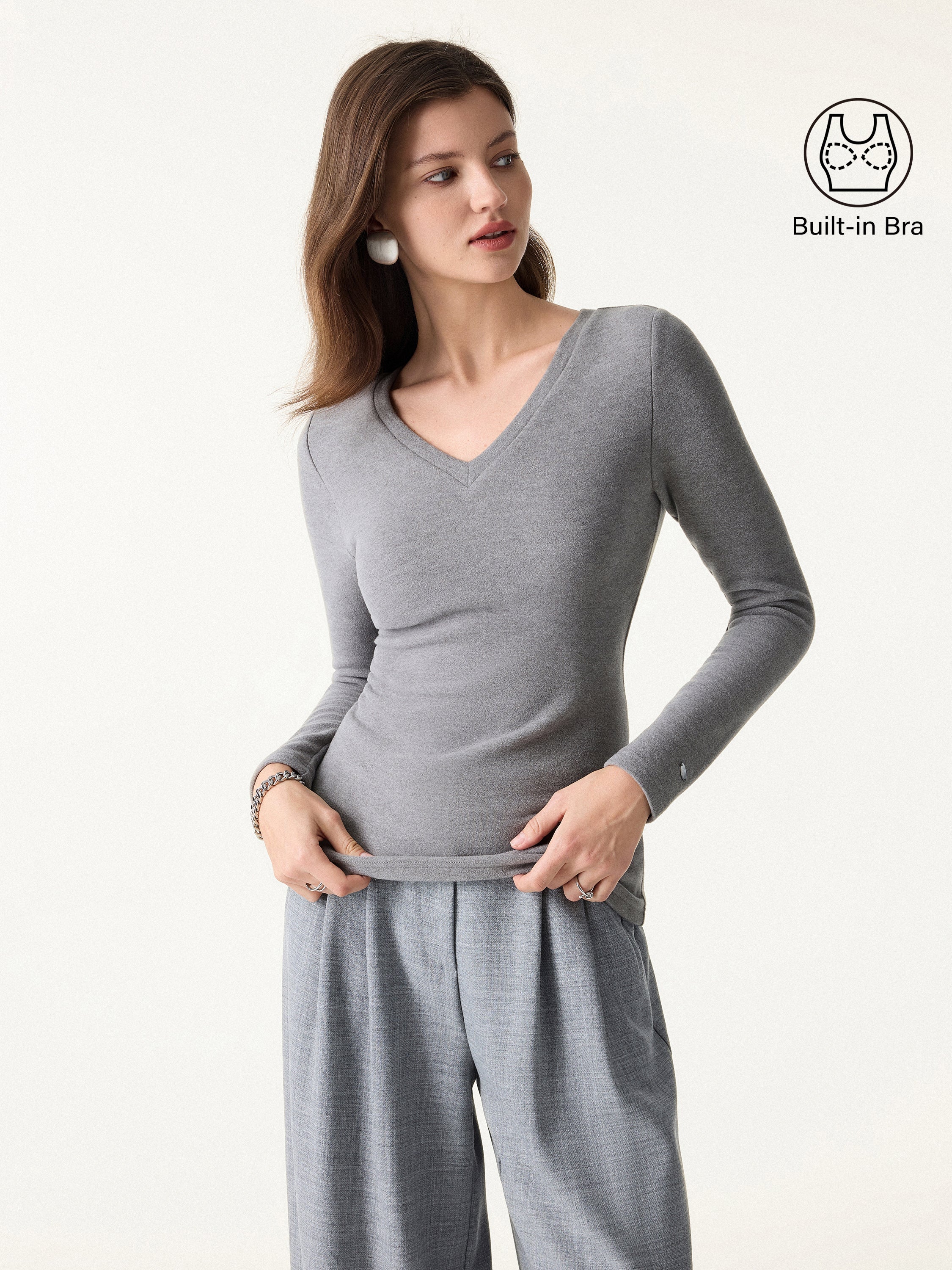 MaxWarm V-Neck Long Sleeve Brami Heather Grey – Women > Tops > Bra Tops | FormaLuxe