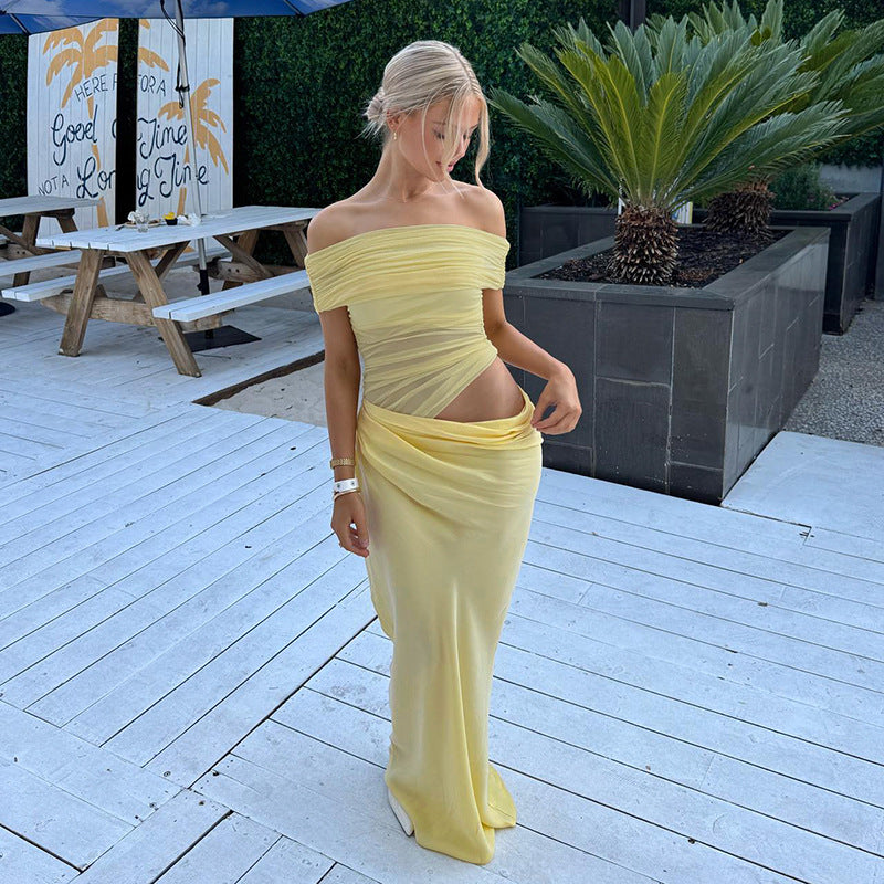 Maisy | Schulterfreies Maxikleid aus Mesh Gelb | FormaLuxe