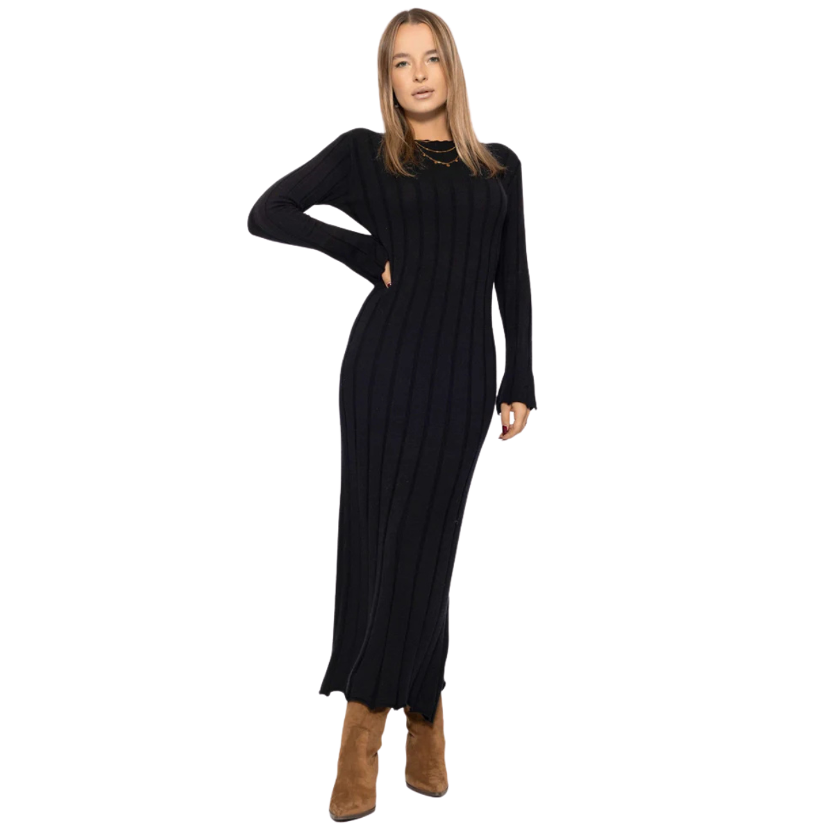 Vivienne – Schwarzes, geripptes Maxikleid aus Strick – Bekleidung > Kleider | FormaLuxe