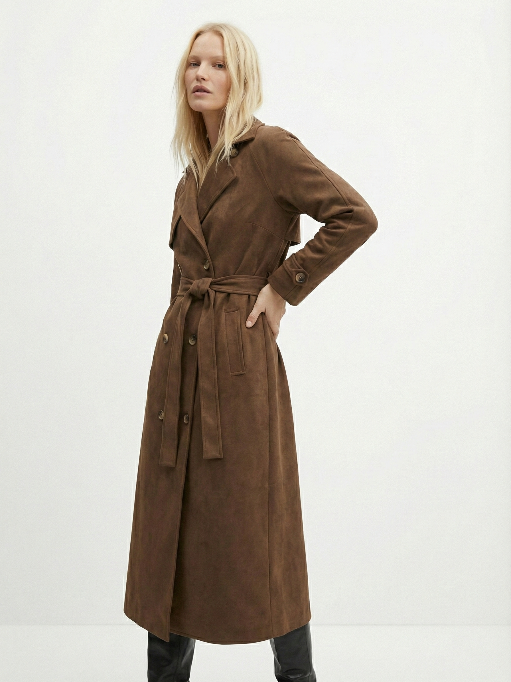 Molly | Long trench-coat en daim ceinturé Brun | FormaLuxe