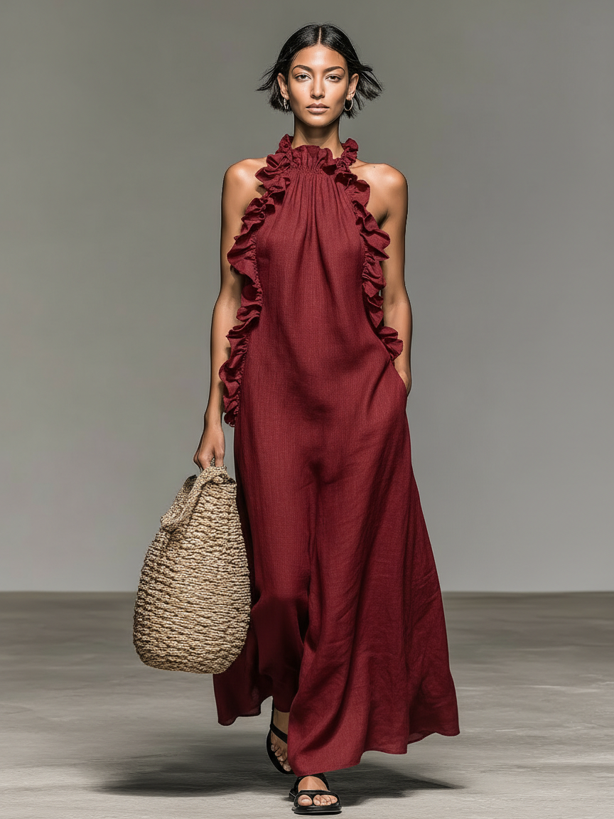 Women's Minimalist Linen-blend Sleeveless Maxi Dress With Ruffle Black | FormaLuxe
