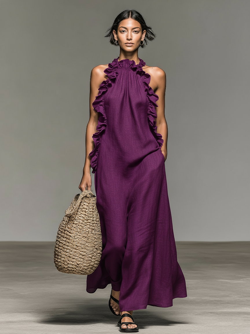 Women's Minimalist Linen-blend Sleeveless Maxi Dress With Ruffle Black | FormaLuxe