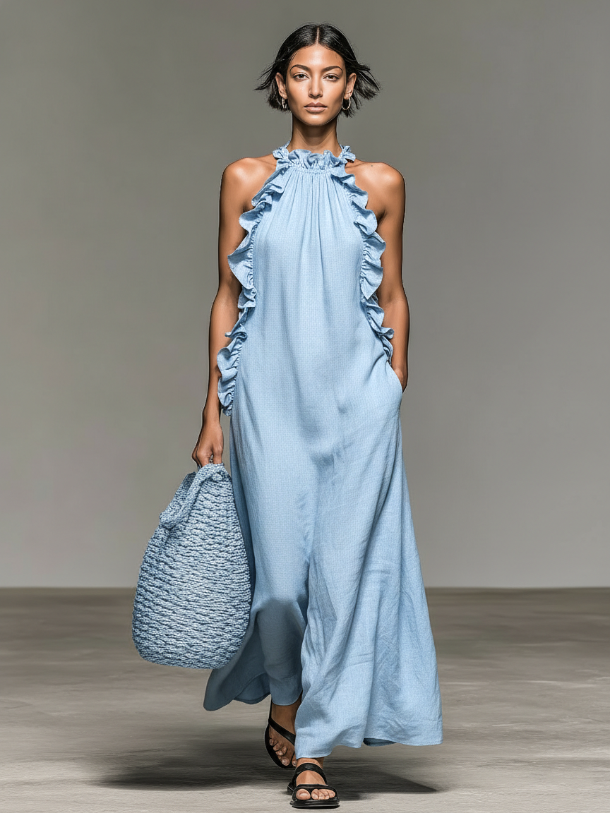 Women's Minimalist Linen-blend Sleeveless Maxi Dress With Ruffle Black | FormaLuxe