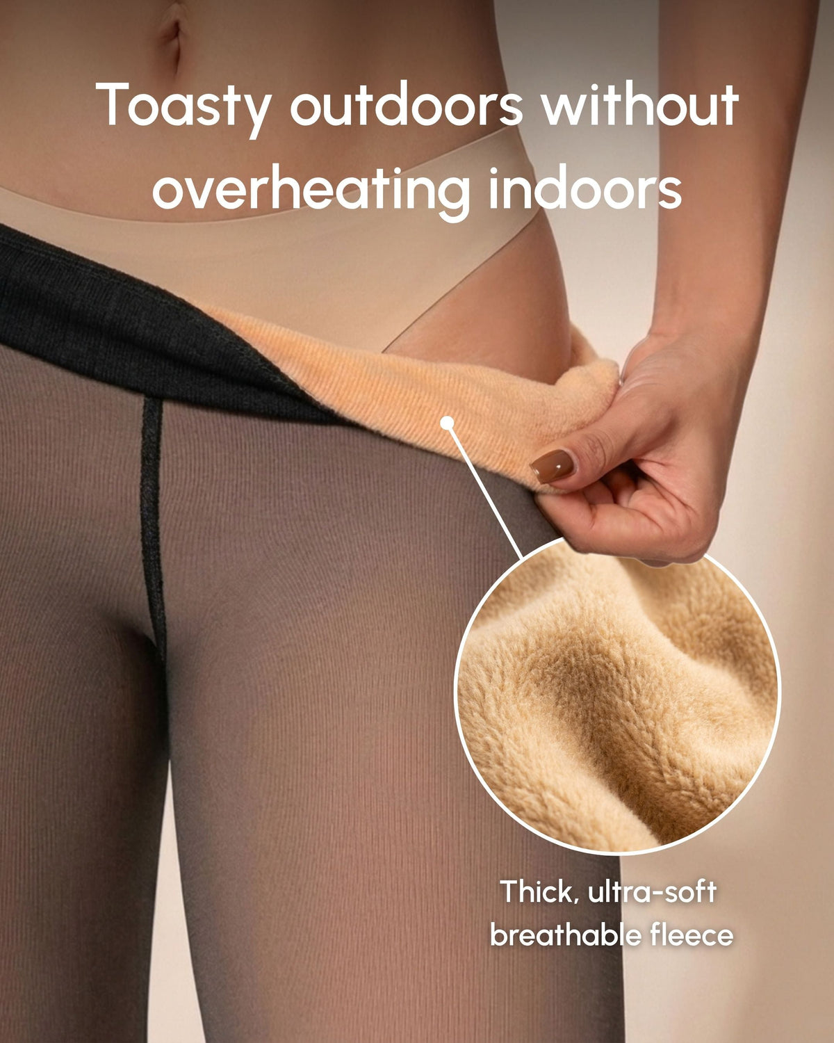 Nuvela Thermo-Strumpfhose, Detailbild des auseinandergezogenen Stoffes mit Nahaufnahme des Fleece-Innenfutters.