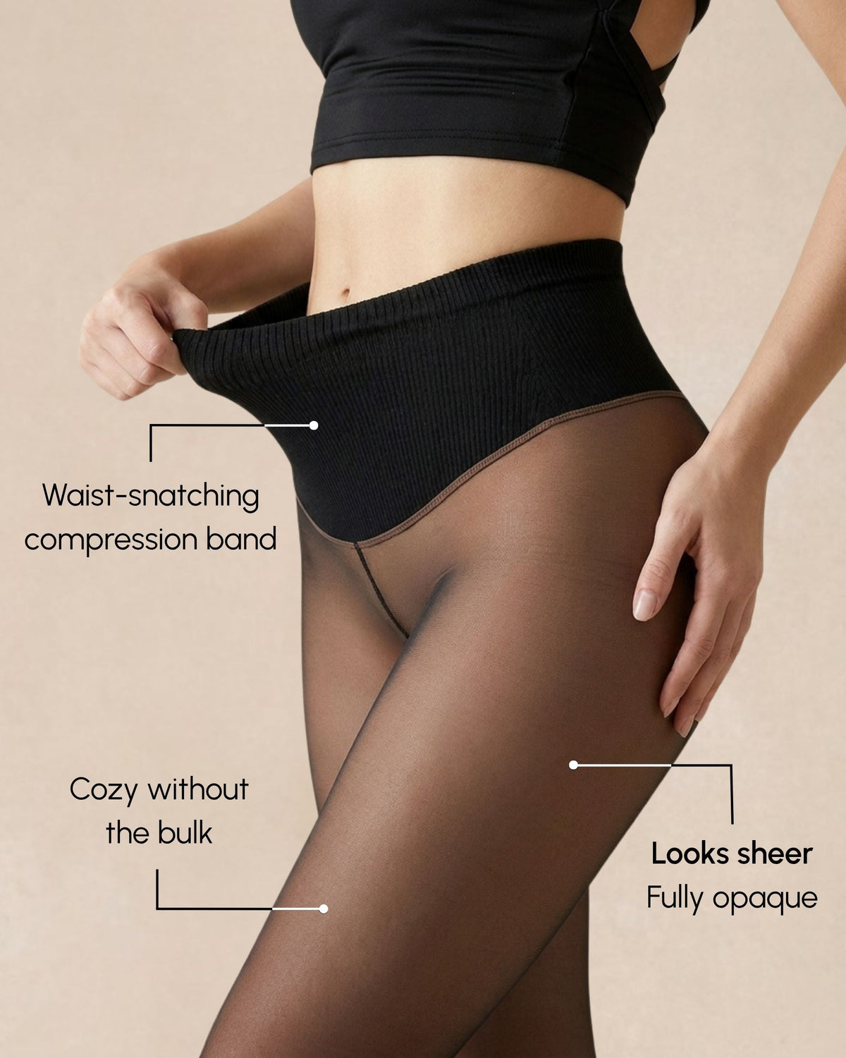 Nuvela Thermo-Strumpfhose, Detailansicht des gedehnten breiten Bundes und der schwarzen Transparenz-Optik.